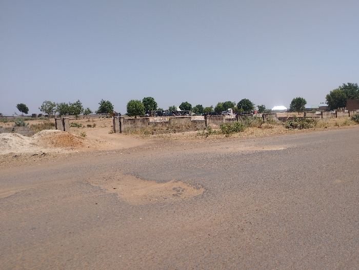 The scene is a dirt road in Sangaro, Nigeria, at the coordinates 10.829 latitude and 11.428 longitude. The road is paved with asphalt, and there is a large dirt area to the left. There are several trees to the left, and a few more to the right. The road is lined with a low wall and the background shows a group of buildings that appear to be part of a commercial area, with some cars parked in front. There are no people visible. The sky is a clear, light blue.
