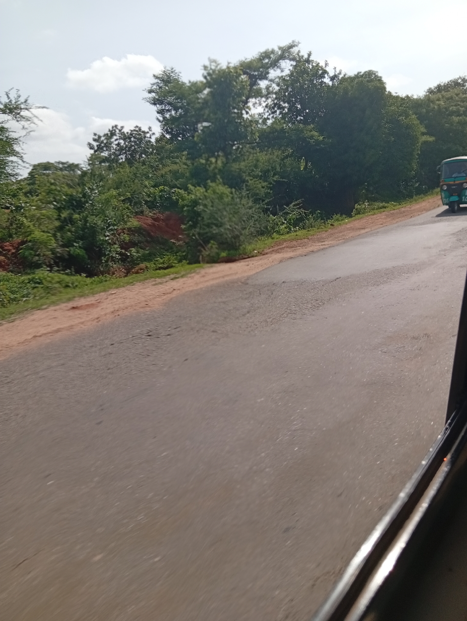 The image shows a road with greenery on the left side and a sky with clouds above. On the right side of the road, a teal-colored auto-rickshaw is visible. The road appears to be paved but has some rough patches. The greenery consists of trees and shrubs. The overall scene suggests a rural or semi-urban environment. The location is identified as Rinjim Gani, Nigeria.