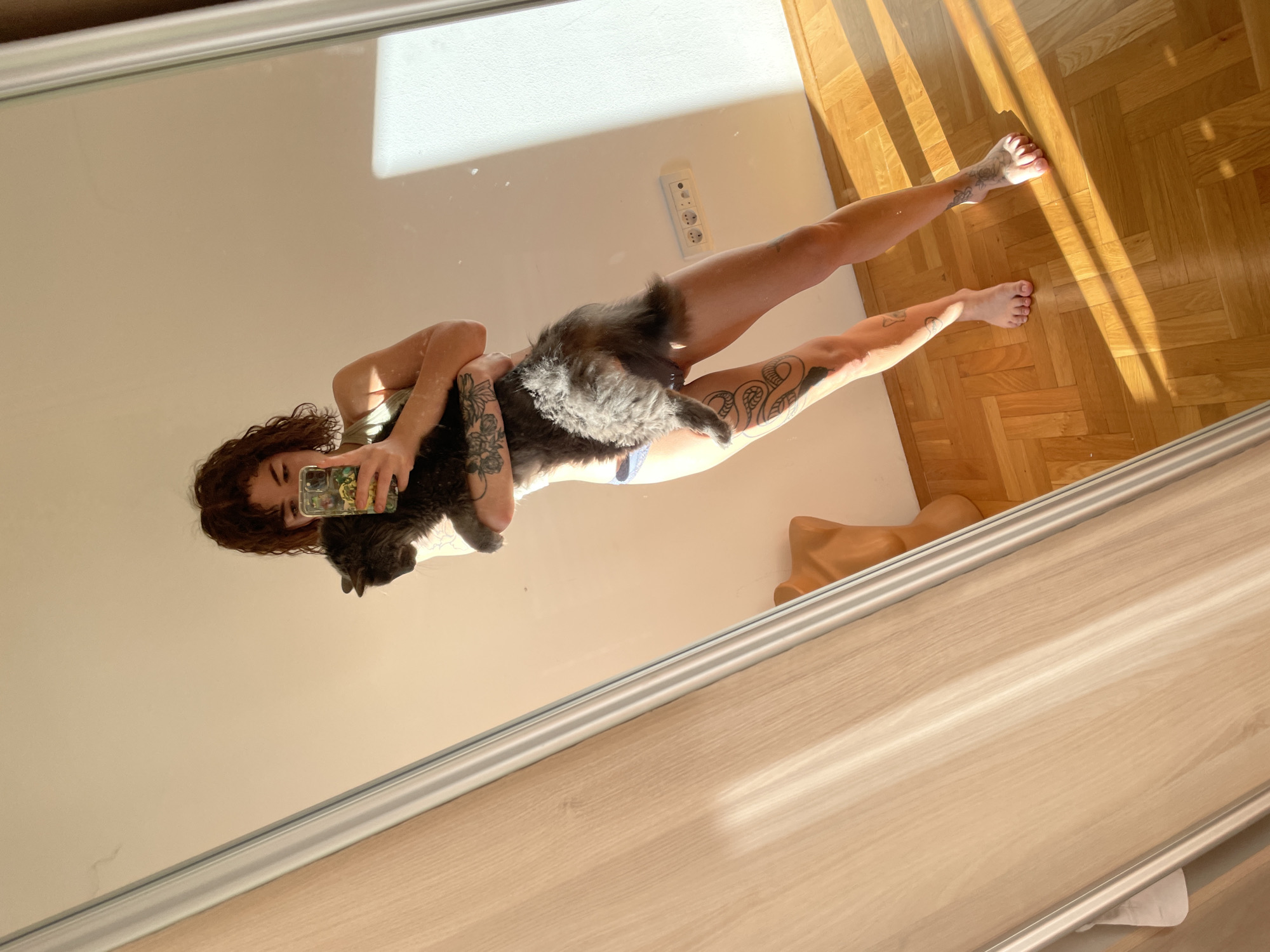 This media file is a mirror selfie taken indoors in Boreti, Montenegro, featuring a person holding a cat. The primary subject is a young woman with curly reddish-brown hair, who is visible from just above her head to her bare feet. She has numerous tattoos on both arms and legs, including a prominent snake-like design on her left leg and floral patterns on her arms. She is wearing light-colored, possibly blue, briefs. She holds a fluffy gray cat close to her chest, with its back to the camera. The person is taking the photo with a smartphone that has a green and yellow patterned case, partially obscuring her face.
The setting is a brightly lit room. The walls are a plain, light beige color. The floor, visible in the reflection, is made of wooden parquet with a distinct pattern. Strong, direct sunlight streams into the room, casting clear, linear shadows across the wooden floor, indicating a sunny daytime. On the wall behind the person, a white power outlet with three sockets is visible, which appears to be a European type (e.g., Schuko). The mirror itself has a silver-colored frame at the bottom. No explicit text is clearly legible on any objects in the image.