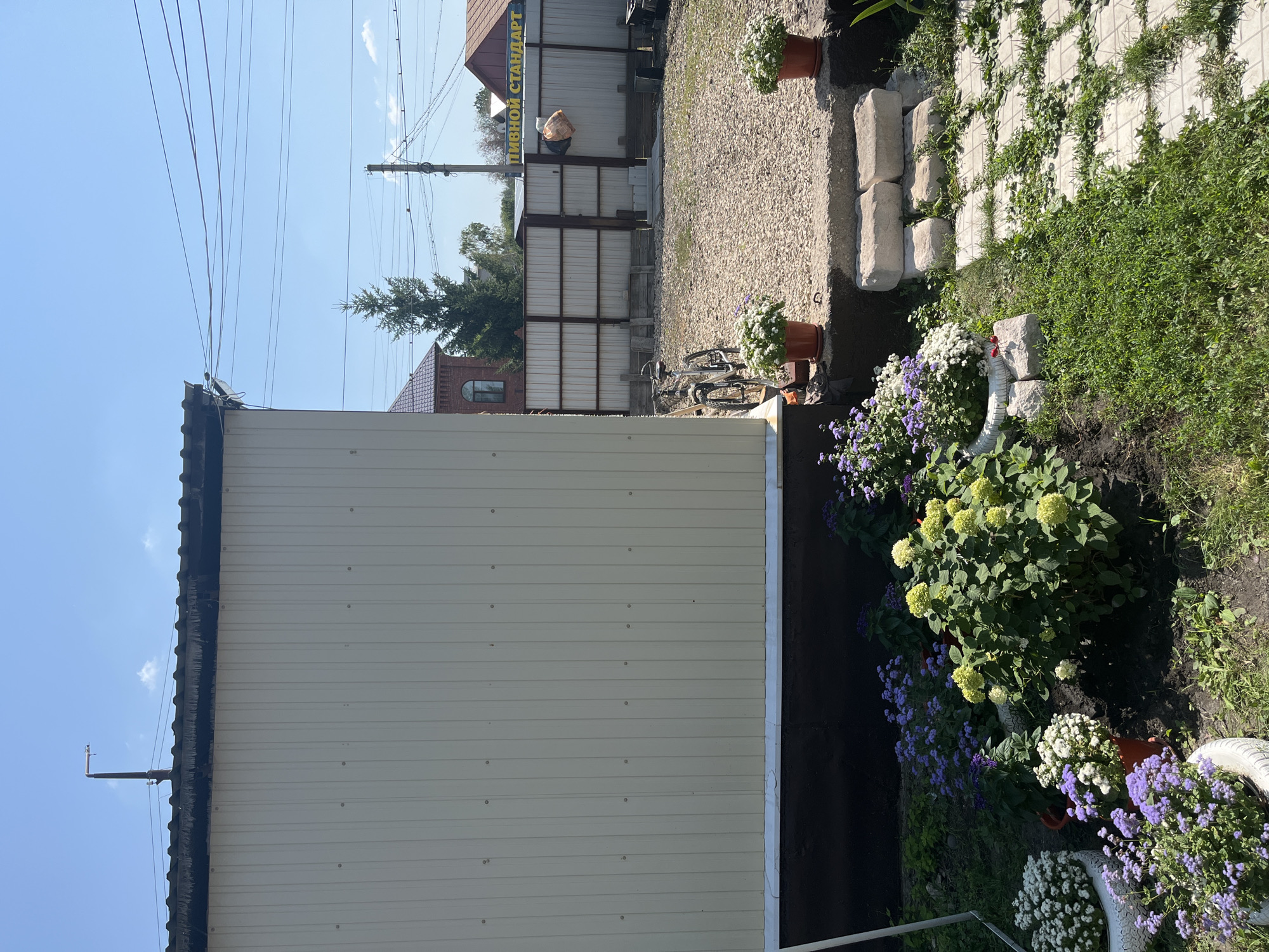 In Saratov, Russia, a suburban yard is depicted on a sunny day. The scene features a pale beige metal-clad building on the left, adjacent to a garden area filled with blooming flowers. Towards the right, a gravel-covered yard is visible, enclosed by a metal fence. A bicycle stands in the gravel area, and a person is partially visible behind the fence, near a sign that reads "ПИВНОЙ СТАНДАРТ" (Beer Standard). Power lines and utility poles are present in the background, along with residential structures and trees. The ground is a mix of grass, gravel, and a stone pathway.