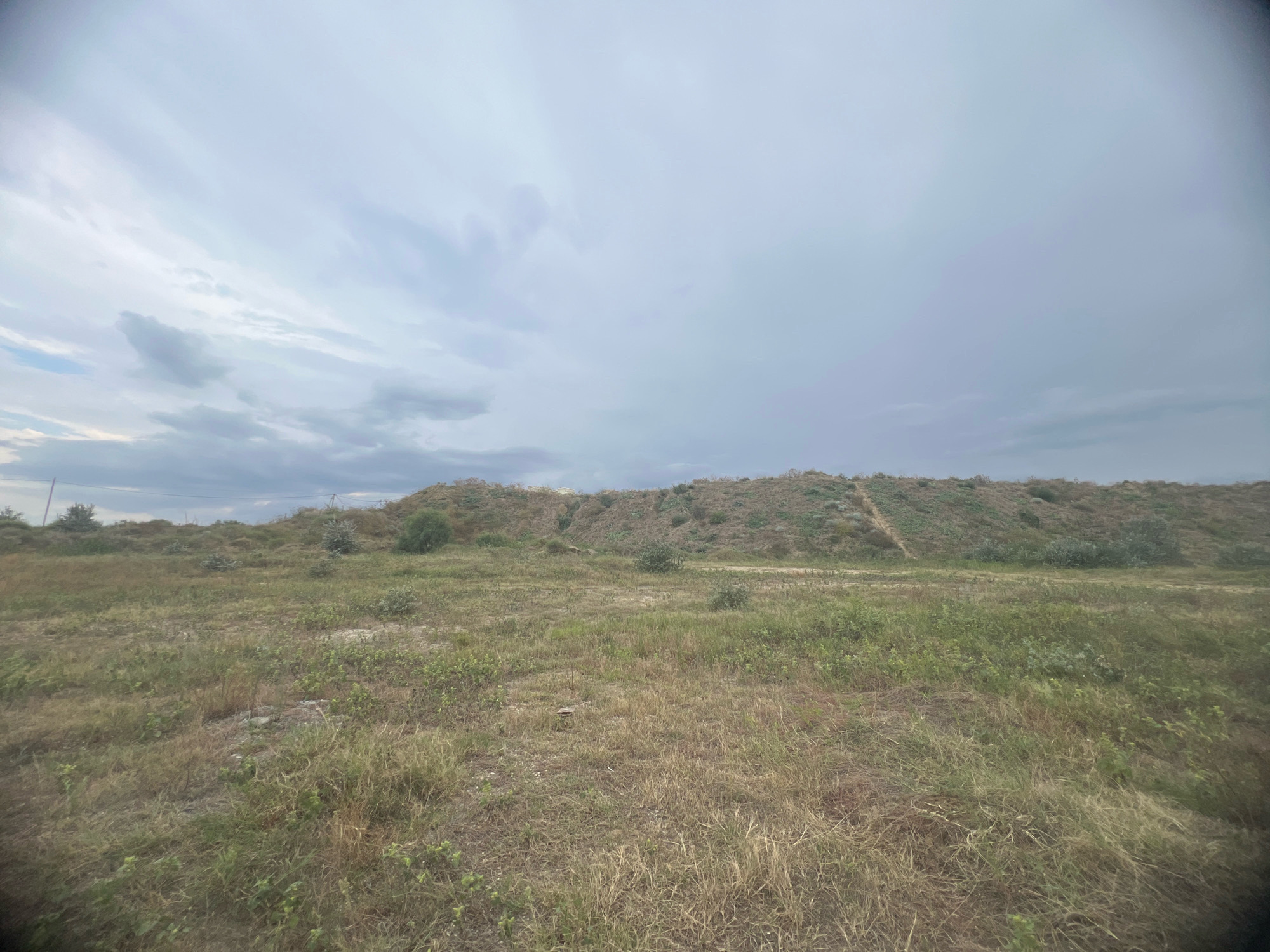 The image depicts a natural landscape with a large hill in the background, sparsely covered with vegetation. The foreground is dominated by dry, tall grass and some scattered green plants. The sky above is overcast with heavy, gray clouds, suggesting a dull or potentially rainy day. There are no people or man-made structures visible in the scene, except for what appears to be a small metal object partially obscured by grass in the middle ground. The overall impression is one of a wild, undeveloped area. The provided crops show closer views of the sky and different sections of the grassy terrain and the hillside.