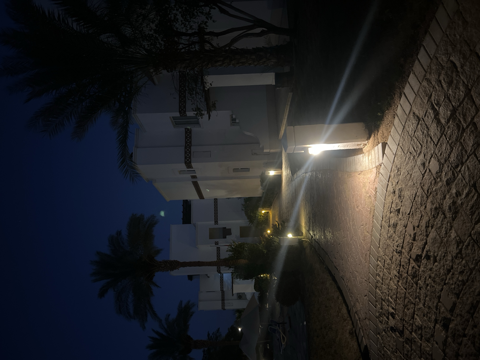 The image depicts a nighttime scene at a resort in Sharm El Sheikh, Egypt. A paved pathway, illuminated by low-lying lamps, curves through the grounds. On the right, a white pillar with a bright light post stands beside the path. To the left of the path, a lawn area is visible, with lounge chairs and an umbrella suggesting a recreational space. In the background, white buildings with decorative trim line the pathway. Palm trees frame the scene, silhouetted against the dark blue night sky. The overall impression is one of a tranquil, well-lit resort area after dark.
