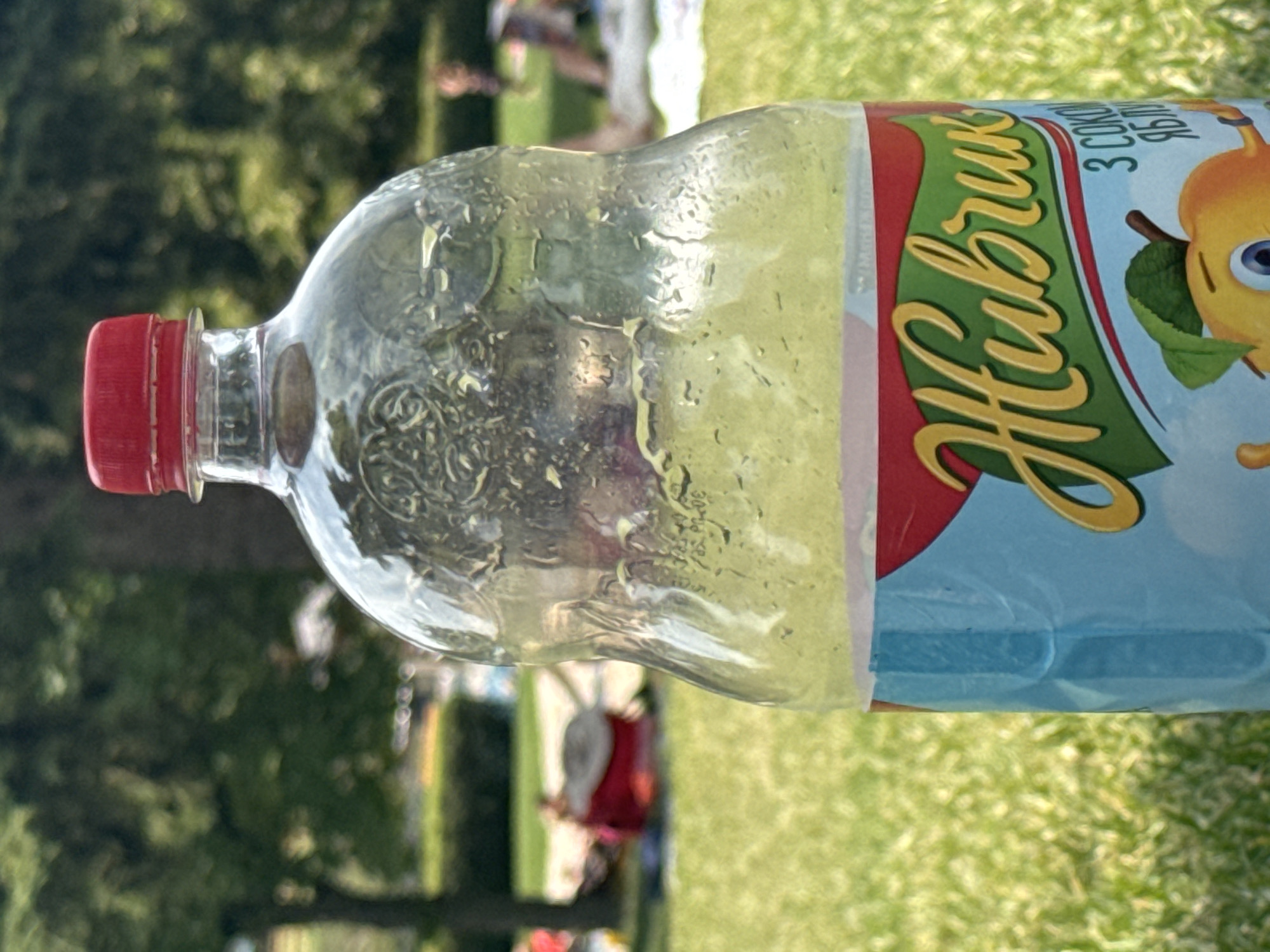 A close-up shot captures the upper half of a clear plastic bottle filled with a pale yellow liquid, likely a beverage. The bottle has a textured surface with raised circular patterns. A red screw-on cap seals the top. The label, partially visible, features the word "Живчик" in stylized yellow lettering across a green banner, with the words "3 COKO" and "ЯБЛУ" below it in smaller text, indicating it's a drink with apple juice. The background is softly blurred, revealing a grassy park setting with people in the distance, suggesting an outdoor gathering or picnic. Sunlight dapples the scene. The location is Hainburg an der Donau, Austria, as the bottle is a popular beverage brand from that region.
