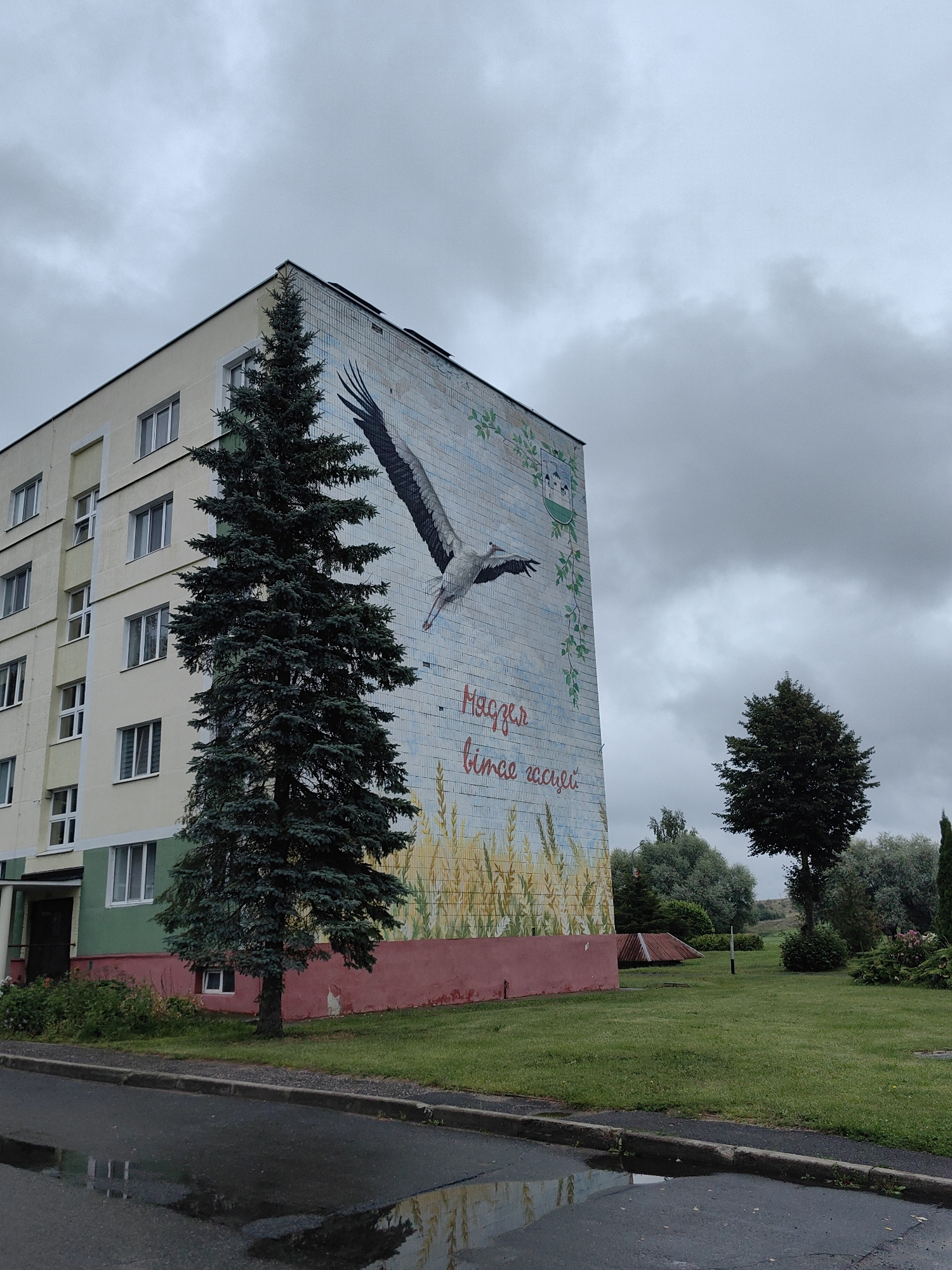 An overcast sky looms over a multi-story building in Myadzyel, Belarus, adorned with a large mural. The building, painted in pale yellow with green and pink accents at its base, features numerous windows. The mural itself depicts a stork in flight against a backdrop of wheat stalks. Red Cyrillic text, possibly a town name or slogan, is also visible on the mural. In front of the building, a tall, dark green coniferous tree stands prominently, partially obscuring the mural. To the right, a small grassy area is visible with more trees and some low bushes. A wet asphalt road with puddles runs along the foreground.