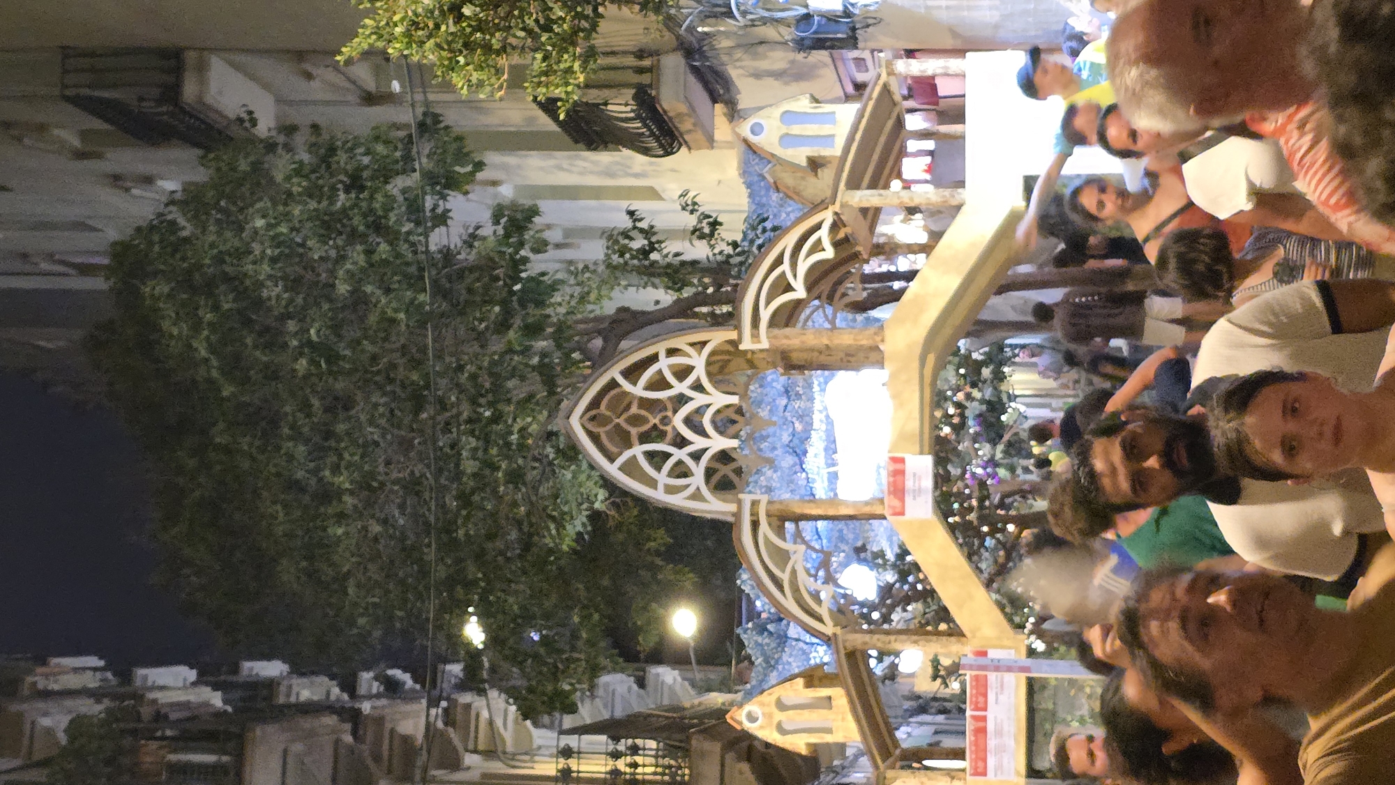 The image depicts a nighttime street scene in Barcelona, Spain, likely during a festival or event, given the festive decorations and crowds. In the foreground, a dense crowd of people are visible, their faces a mix of expressions, some looking towards the camera, others engaged in conversation or looking elsewhere. The people are diverse in age and ethnicity.
Dominating the mid-ground is an elaborately decorated archway, constructed from wood and adorned with intricate, white, arched designs that resemble gothic tracery. This archway spans across the street, creating a festive entrance or passage. Behind the archway, the street is illuminated by various lights, with strings of small, glowing bulbs and decorative elements creating a magical atmosphere. Trees with dense foliage are visible behind and around the archway, adding to the natural, yet festive, ambiance.
The background reveals the urban setting of Barcelona, with tall, multi-story buildings lining the street. The architecture of these buildings suggests typical European city construction, with balconies and windows visible. Streetlights cast pools of light on the scene, contributing to the overall nighttime illumination. The overall impression is one of a lively and celebratory gathering in a European city.