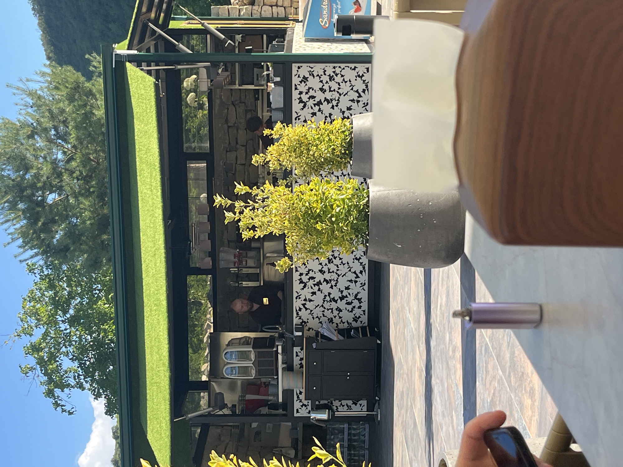 In Butuceni, Moldova, an outdoor cafe features a server behind a counter, preparing drinks. Two potted plants flank the counter, which is adorned with a black and white patterned facade. The cafe has a green awning, and behind it, trees and a hillside are visible. In the foreground, a person's hand holds a smartphone, and a small silver object, possibly a vape, rests on a table, partially obscured by a tissue box.
