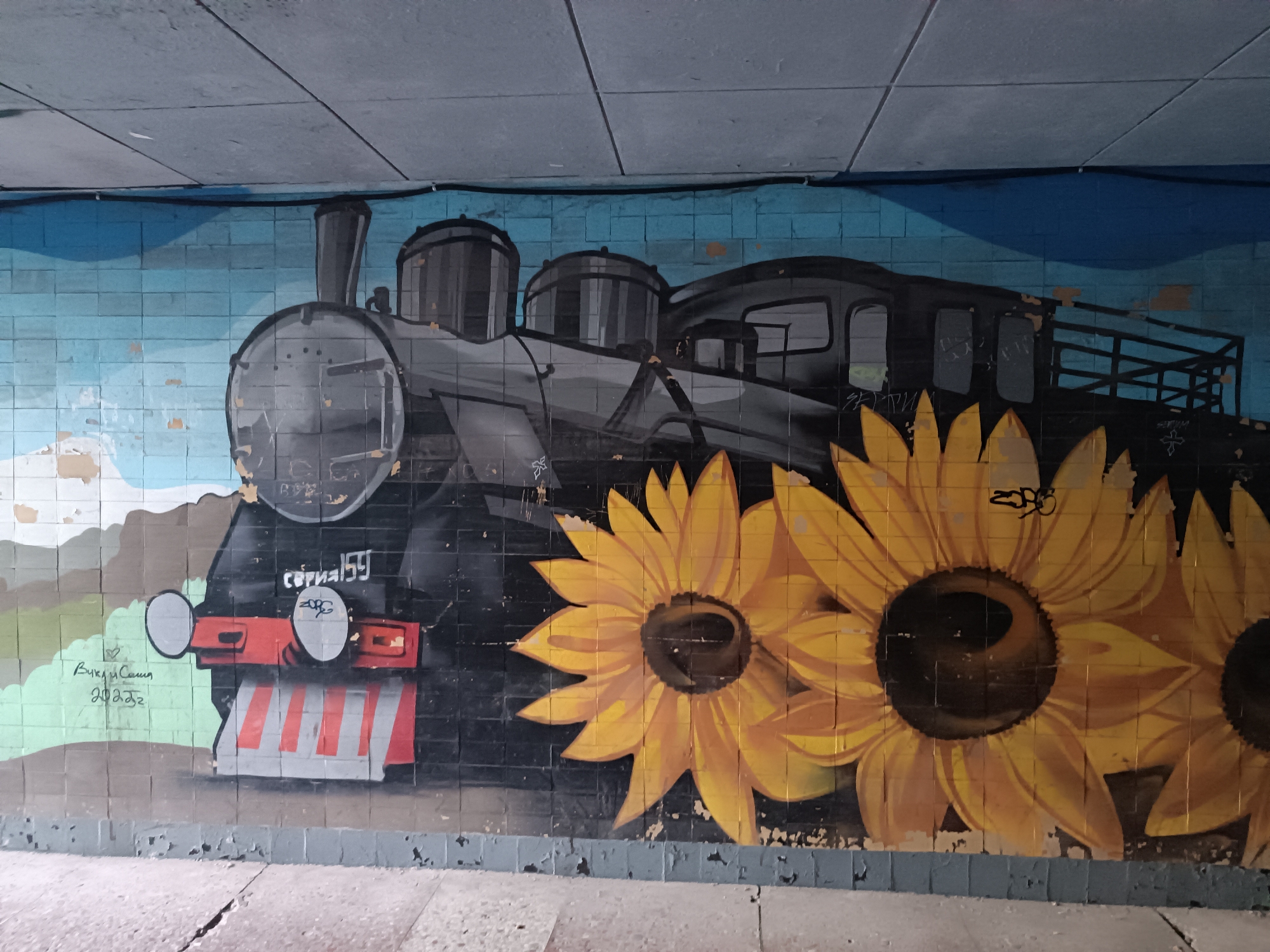 The image shows a mural painted on a tiled wall in an underpass in Novocherkassk, Russia. The mural depicts a black steam locomotive with red and white stripes on its front, positioned on the left side of the image. In front of the locomotive, there are two large sunflowers, with a portion of a third sunflower visible on the right. The background of the mural features a blue sky transitioning to a light blue and white landscape. The wall itself is made of small, square tiles, some of which are chipped and peeling, revealing the underlying concrete. A dark blue pipe runs horizontally along the top of the mural, and the ceiling of the underpass, also tiled, is visible above. There are some illegible signatures and dates painted on the mural. The ground in the underpass is made of concrete with visible cracks.