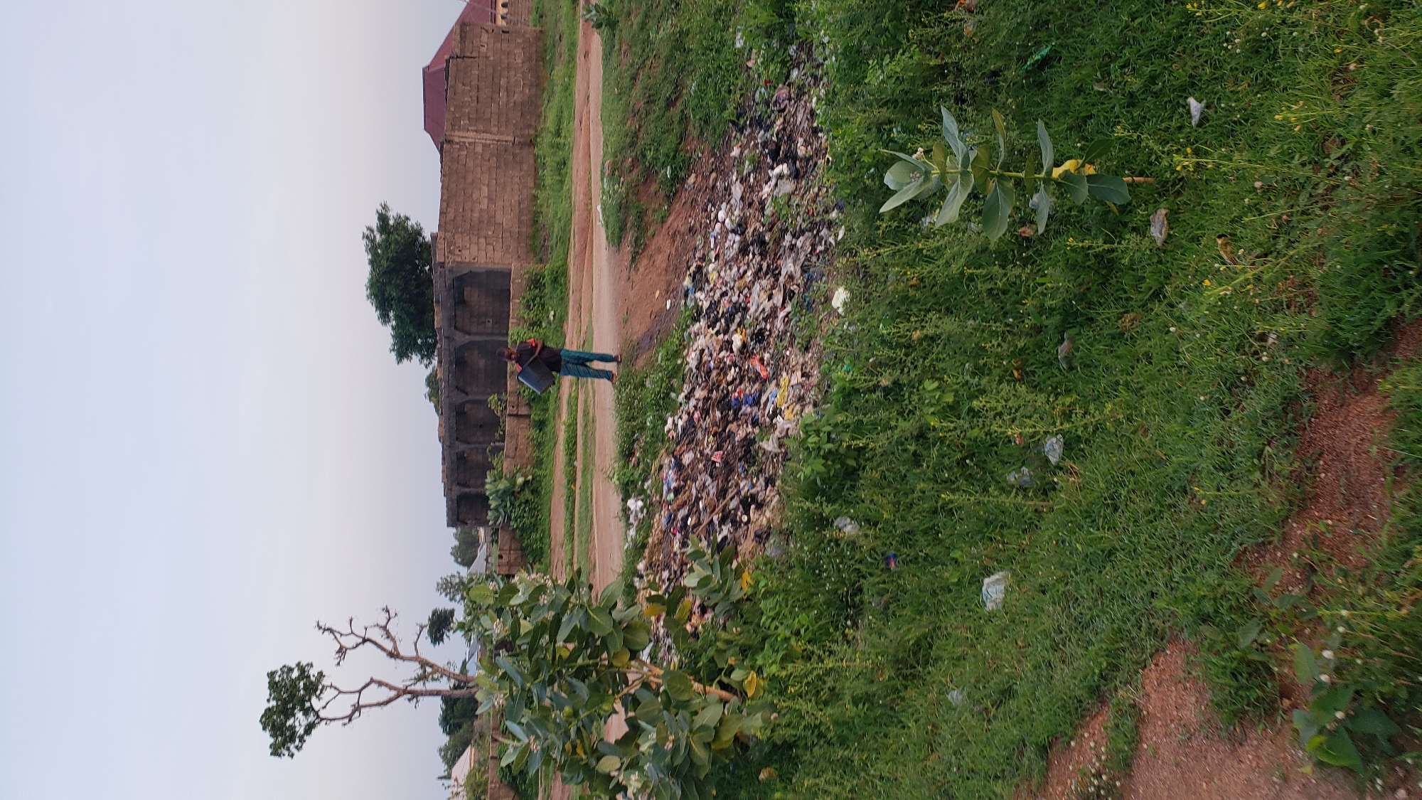 A person stands on a dirt path beside a large pile of garbage in Jauro Yinu, Nigeria. The person, dressed in a dark shirt and light blue pants, is carrying a dark blue bucket. The garbage pile consists of various types of refuse, including plastic bottles, bags, and other debris, scattered amongst green vegetation. In the background, there is a partially constructed brick building with arched openings. The environment appears to be an outdoor, semi-rural setting with trees and overgrown grass. The sky is clear and pale.