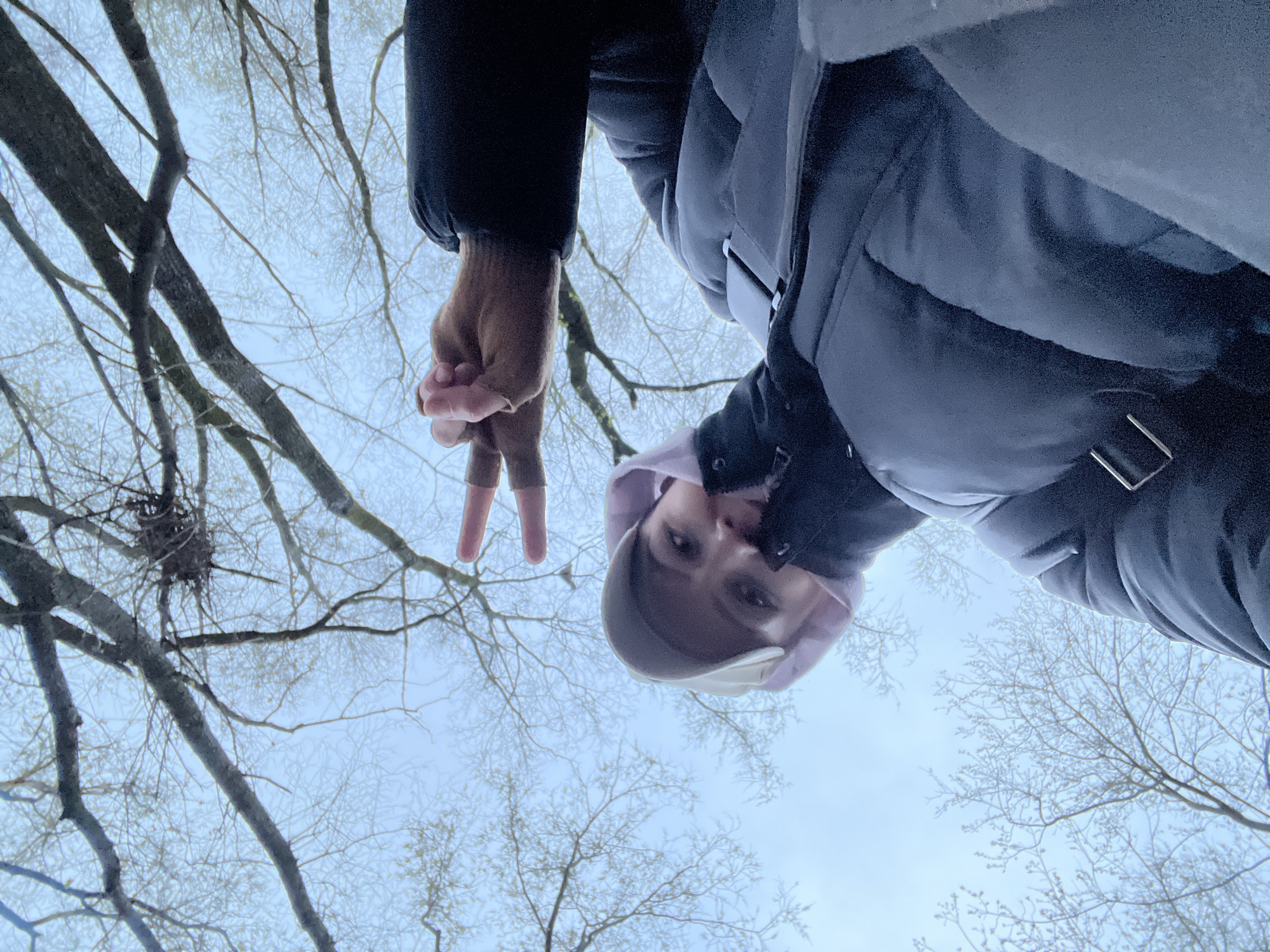The image, captured in Khimki, Russia, presents an unusual, upward-looking perspective, with a person positioned in the upper right foreground and bare tree branches against a bright sky. The individual, seen from below, is wearing a dark, likely padded winter jacket, with a light pinkish-purple hood or cap framing their face. They are looking directly at the camera with a neutral expression. Their right hand extends into the frame, forming a distinct "peace sign" with two fingers raised. The skin tone of the hand is brown.
The background features a dense network of leafless tree branches, indicative of a colder season such as late autumn, winter, or early spring. A prominent bird's nest is nestled within the branches in the upper left portion of the image. The sky is a pale, diffuse blue, suggesting daytime with possible overcast conditions or bright, indirect light. The overall scene conveys a casual outdoor moment, perhaps a selfie taken during a walk in a park or wooded area. The heavy attire and bare trees imply cool or cold weather. No text is visible in the image.
