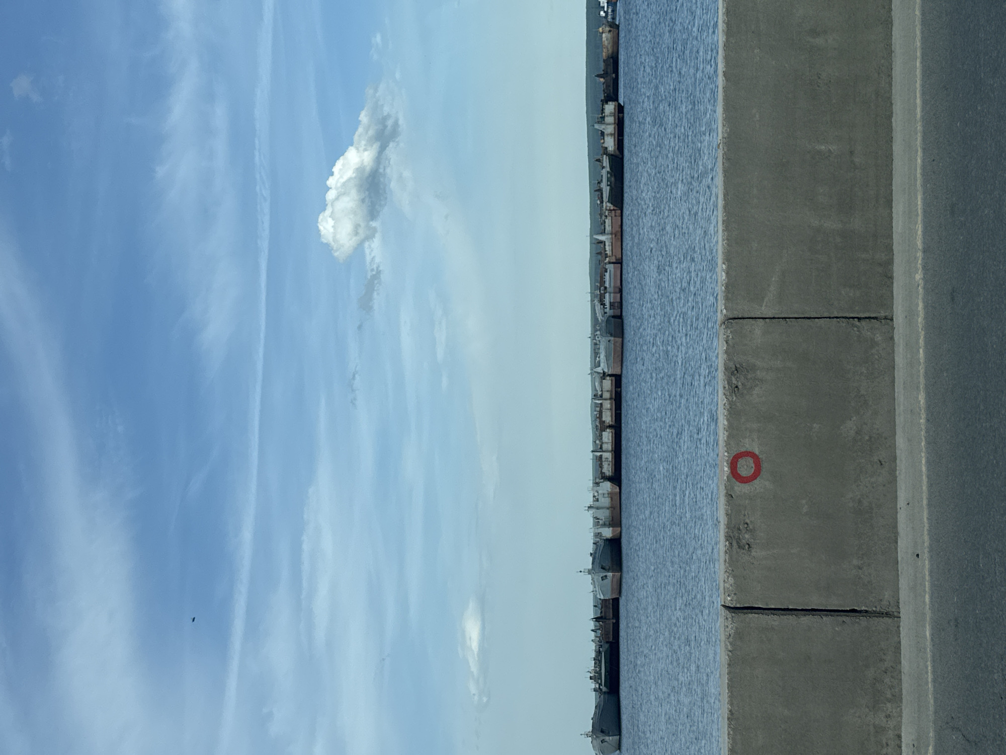 The image shows a body of water on the left, likely the Votkinsk Reservoir, which borders the city of Chaikovsky, Russia. Along the edge of the water are cargo ships docked. To the right of the water is a concrete barrier, and further right is a paved road. The sky is blue with some clouds visible. A small black speck, possibly a bird, is present in the sky. A red circle is painted on one of the concrete barrier segments.