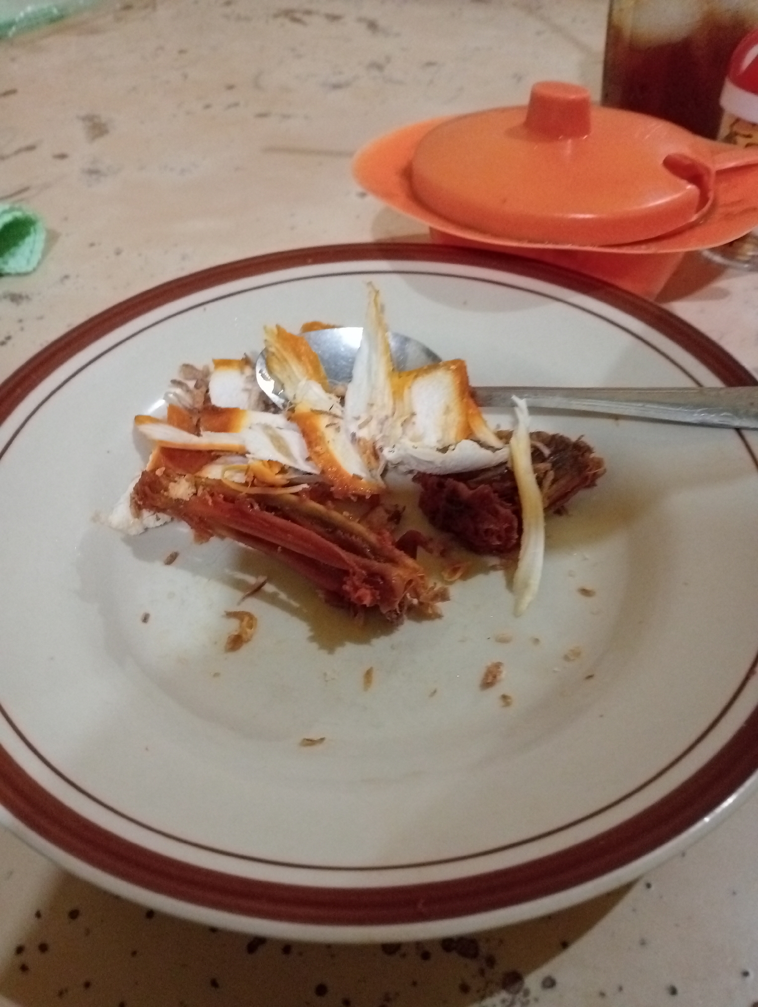 The image shows a plate with remnants of food, likely chicken, including bones and small pieces of meat. A spoon rests on top of the food. An orange container with a lid and a glass with a dark liquid are in the background. The setting appears to be in Tingkeummanyang, Indonesia, based on contextual cues not explicitly visible in the image. The table surface is speckled.