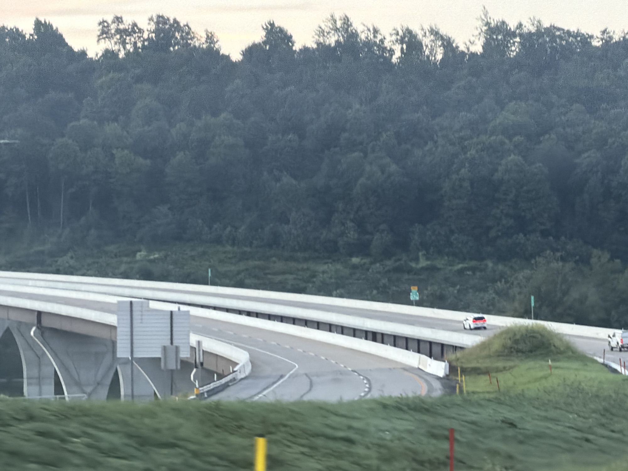 The image shows an elevated highway overpass in Mount Pleasant Township, United States of America. The overpass is made of concrete with arched supports. There are several lanes of traffic on the overpass, with guardrails and signs visible. A white car is driving on the overpass in the distance. The surrounding environment consists of a dense forest of green trees behind the overpass and a grassy embankment in the foreground. The sky is pale and overcast. The image appears to have been taken from a moving vehicle due to the motion blur in the foreground.