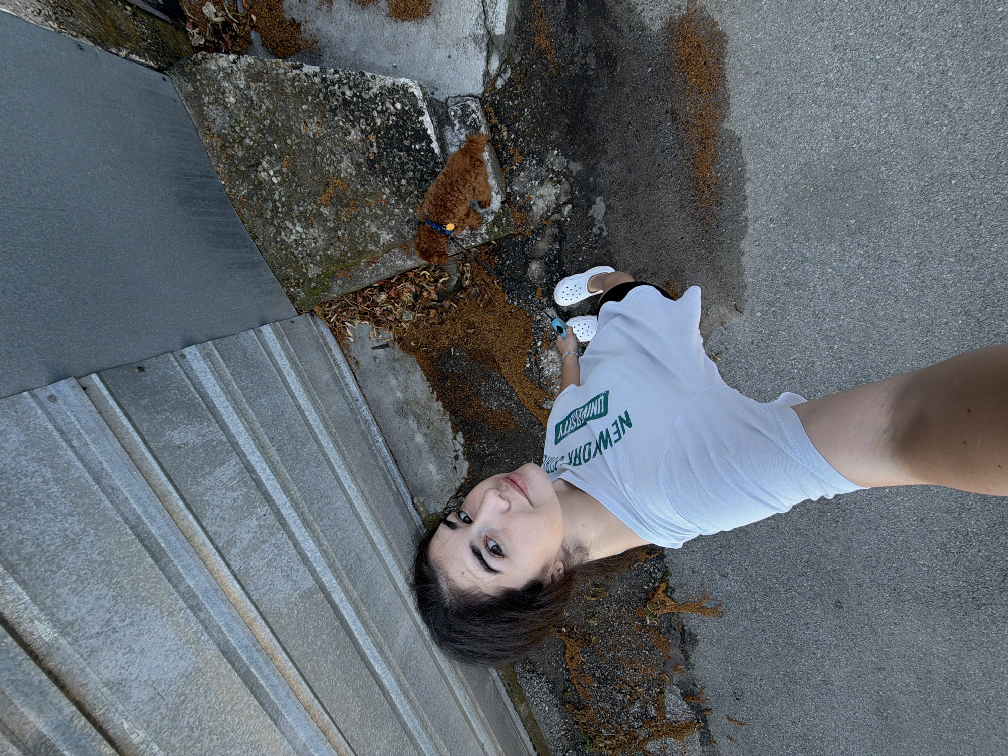 A high-angle outdoor shot captures a young woman with dark hair and a white t-shirt standing on an asphalt surface. She is looking up towards the camera with a gentle smile. Next to her, a small, fluffy, light brown dog is seated on a concrete ledge, facing away from the camera and attached to a leash held by the woman. The environment features a corrugated metal wall on the left and a concrete structure on the right, with scattered dried leaves and debris on the ground. The scene appears to be an alleyway or a less-maintained urban area. There is no visual information to confirm the location is Sofia, Bulgaria.