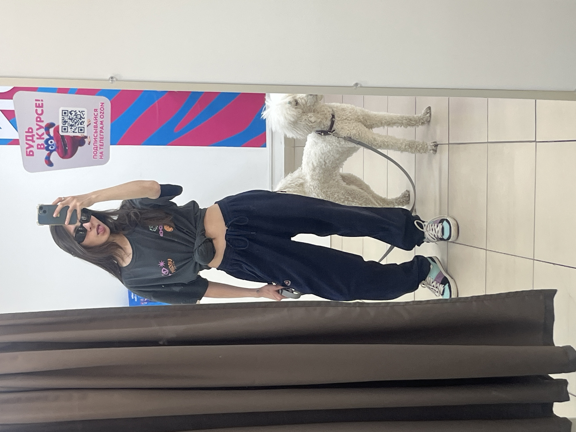 A young woman takes a mirror selfie in what appears to be a fitting room, accompanied by a fluffy, light-colored dog. The woman, with long dark hair and dark sunglasses, is dressed in a casual dark grey t-shirt tied at the waist, black sweatpants, and multi-colored sneakers (blue, purple, white). She holds a dark smartphone to capture her reflection. Behind her, and also reflected in the mirror, stands a white, curly-haired dog, possibly a Poodle or similar breed, wearing a dark collar and on a leash.
The setting includes a dark brown changing room curtain to the left, a white tiled floor, and a plain white wall. On the reflected wall, a promotional sign is visible. The sign features a cartoon character and Cyrillic text, reading "БУДЬ В КУРСЕ!" (Be in the know!) and "ПОДПИСЫВАЙСЯ НА ТЕЛЕГРАМ OZON" (Subscribe to Telegram OZON), along with a QR code. The presence of "OZON" indicates a Russian location, aligning with the provided context of Krasnoyarsk, Russia. The image captures a casual moment, likely during a shopping outing, with the woman posing for a photograph.