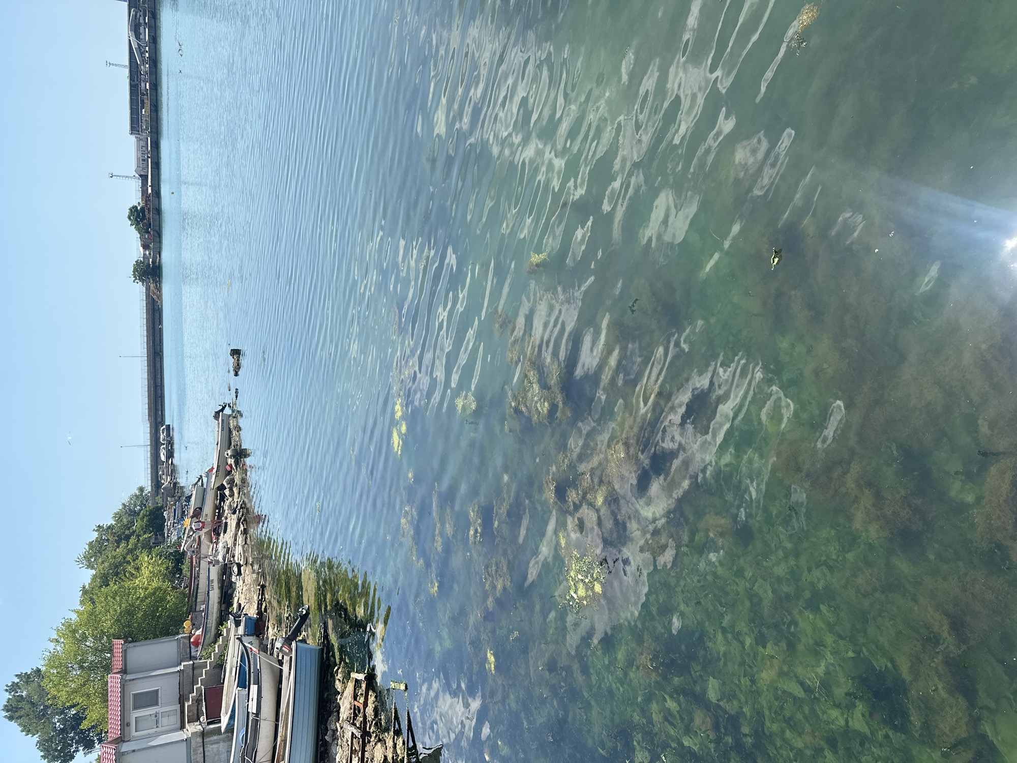 The image depicts a waterfront scene with several small boats docked along a rocky shore. A white building with a red roof is visible on the left, adjacent to the boats. The water is clear and appears shallow near the shore, revealing submerged vegetation and rocks. Further out, the water is a calm blue, with a bridge and industrial structures visible in the distance. The sky is clear and blue, suggesting a sunny day. There are no people clearly depicted in the scene, though a person in a red shirt is partially visible standing near the boats. The overall impression is of a quiet, coastal area.