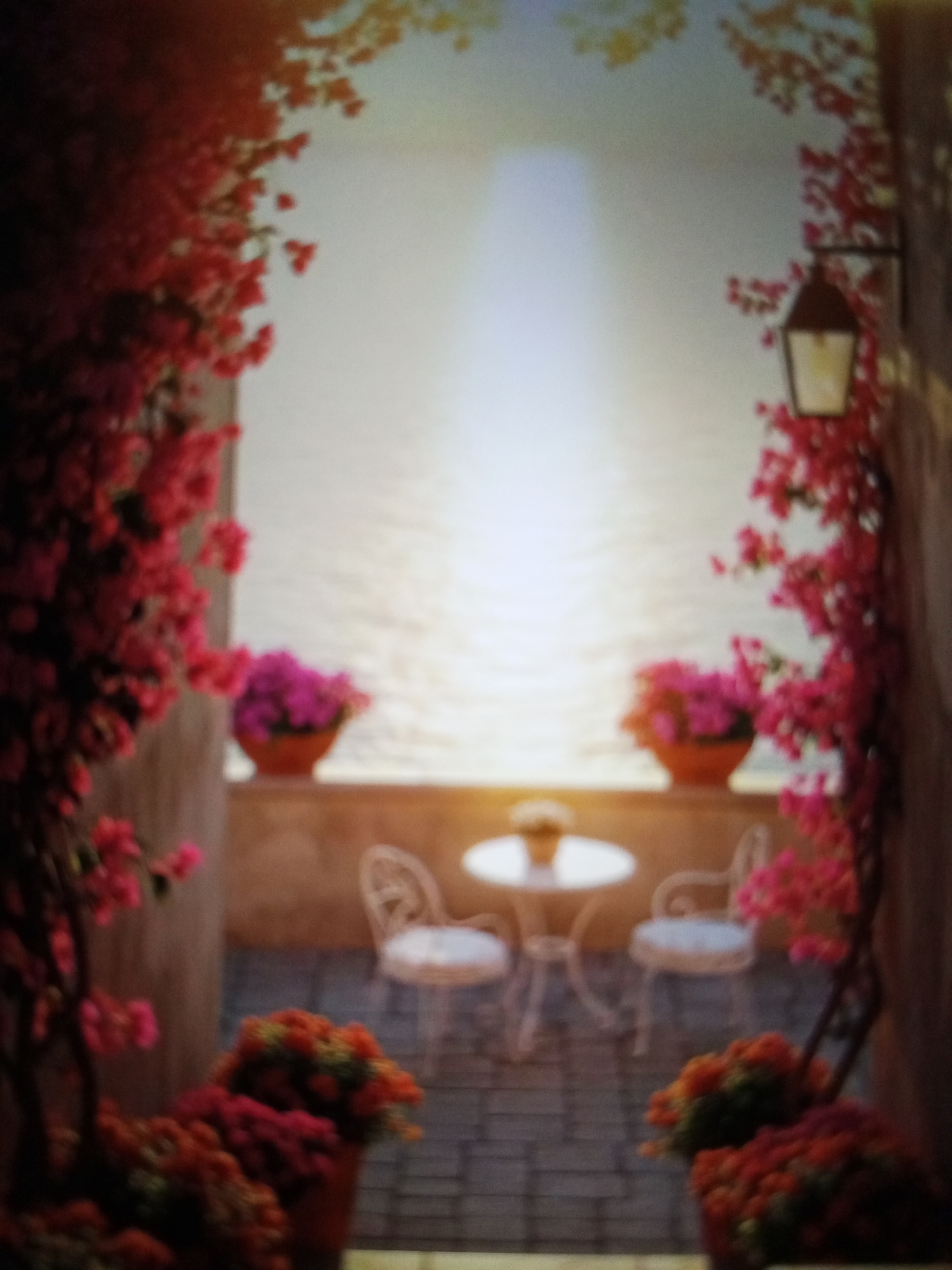 The image depicts a romantic, blurry scene that appears to be a courtyard or patio, possibly in Tinaquillo, Venezuela, although there's no definitive evidence to confirm the location. The scene is framed by vibrant red bougainvillea flowers, creating a picturesque entrance. A white wrought-iron table and two matching chairs are placed in the center of the patio, suggesting a space for relaxation or dining. Two terracotta pots holding flowers rest on a wall. A street lamp is visible on the right side, adding to the ambiance of the setting. The background features a bright, undefined area that could be a body of water or a light-colored wall reflecting sunlight. The overall composition evokes a sense of tranquility and beauty.