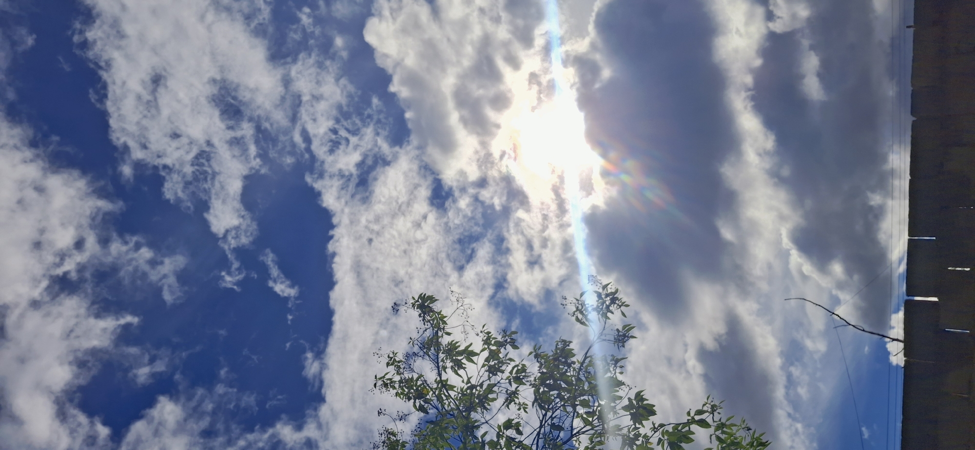 The image depicts a sky scene over Vallecito, Venezuela, dominated by a bright sun partially obscured by dense, dark clouds, creating a dramatic lighting effect. The sun's rays are visible, refracting into a rainbow-like spectrum as they pass through the clouds. In the foreground, a portion of a tree with green leaves and small dark berries extends into the frame from the left. The bottom of the image shows a dark, low-lying structure, possibly a fence or wall, with vertical elements visible. The sky is a mix of deep blue and white clouds, with varying degrees of density and texture. The overall impression is one of dynamic weather conditions with the sun breaking through a cloudy sky.
