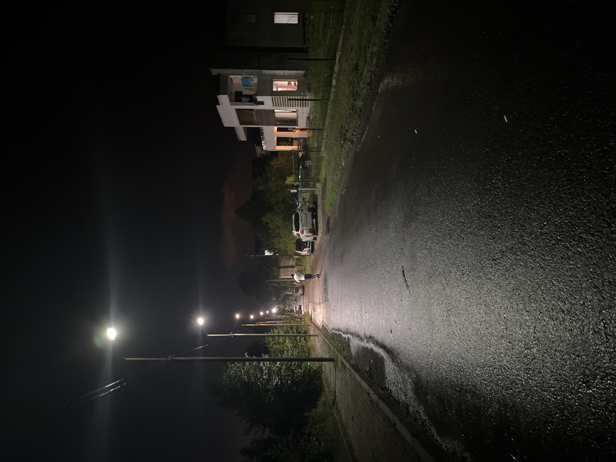 The image depicts a wet asphalt road in Ureki, Georgia, at night. Streetlights illuminate the scene, casting reflections on the wet surface. On the left side of the road, there is a sidewalk made of paving stones, bordered by a curb. Adjacent to the sidewalk are trees and vegetation. Several cars are parked along the right side of the road. A modern, multi-story house with white walls and balconies is visible on the right, with lights on inside some windows. A person is riding an electric scooter down the middle of the road. The sky is dark, with a few clouds visible. The overall impression is that of a quiet residential street at night, possibly after rain.