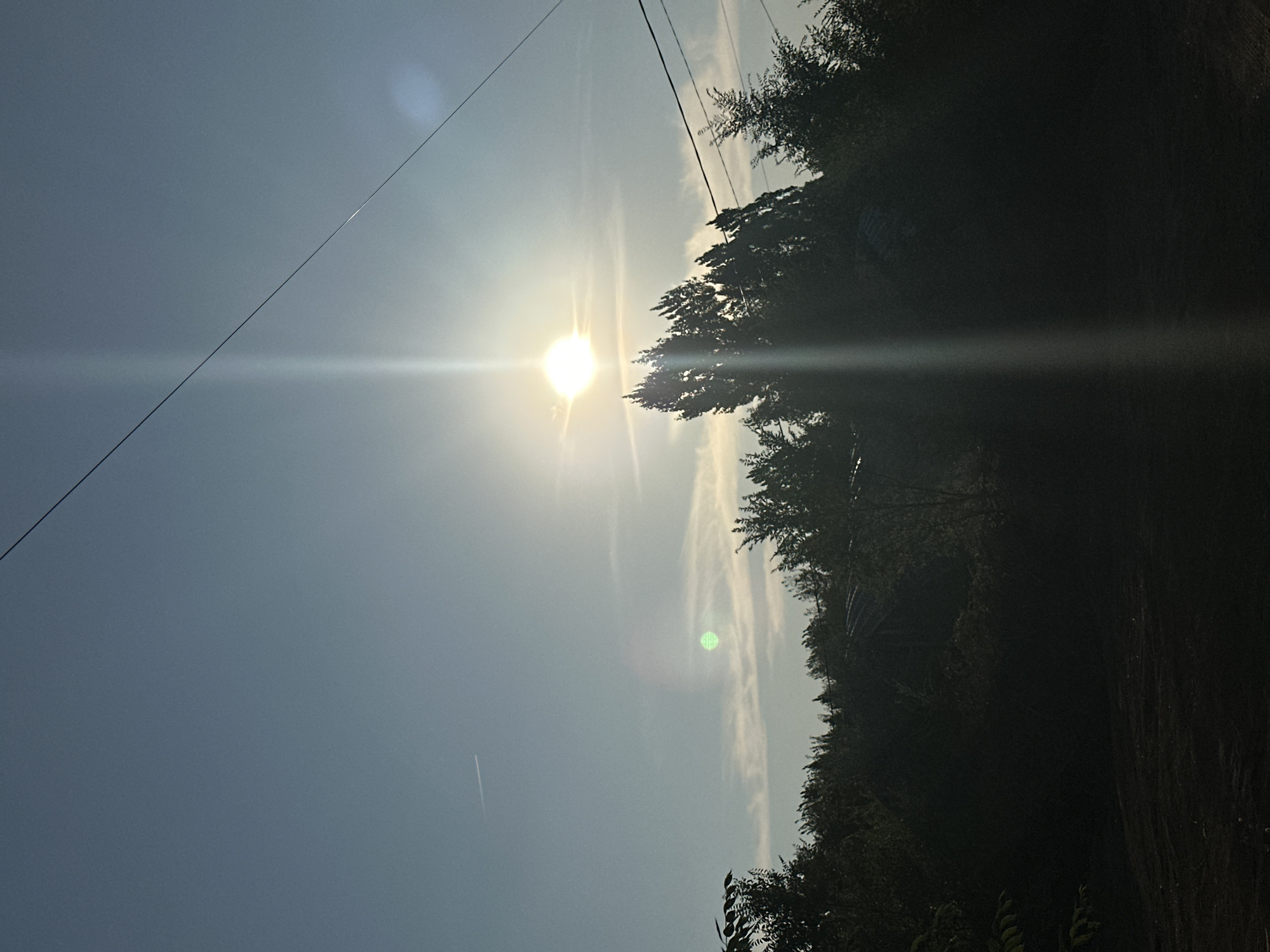 The image depicts a bright sun high in a clear, pale blue sky. A prominent light flare extends vertically from the sun, obscuring the sky and a thin power line that diagonally crosses the upper right portion of the frame. Below the sun, a dense line of dark green trees forms a silhouette against the sky. The foreground is a dark, indistinct area, possibly ground or vegetation. A thin, white contrail is visible in the upper left quadrant of the sky. The overall impression is that of a bright, sunny day in a natural or semi-natural environment. The location in Energetik, Russia, is not discernable from the visual information provided in the image.