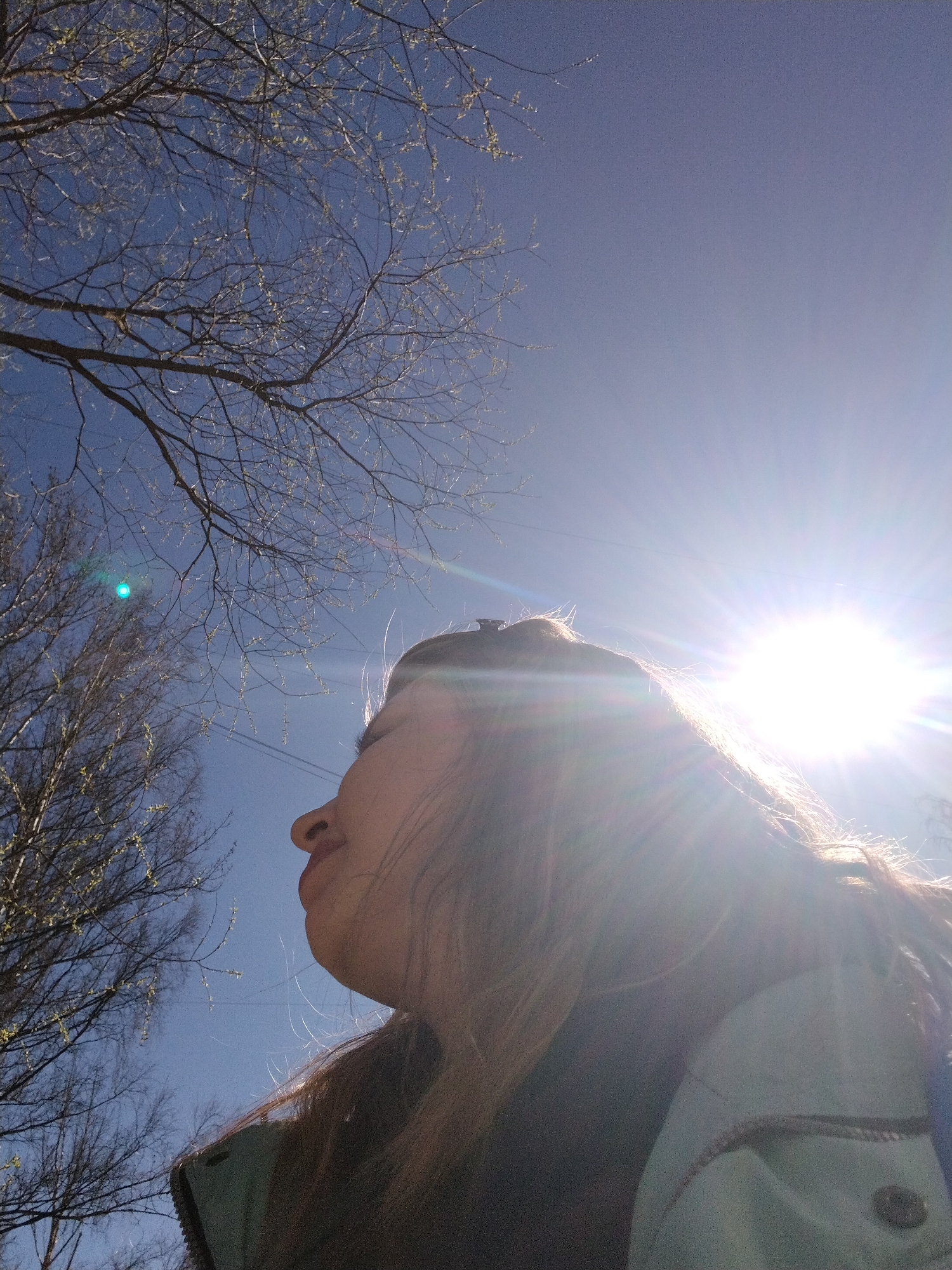 A low-angle shot captures a person with long brown hair looking upwards towards the bright sun against a clear blue sky. Bare tree branches are visible in the upper left corner and along the left side of the frame. The person is wearing a jacket or coat, partly visible at the bottom of the frame. The image is likely taken outdoors, possibly in a park or open area. There is no specific evidence to verify that the location of this image is Rusanovo, Russia.