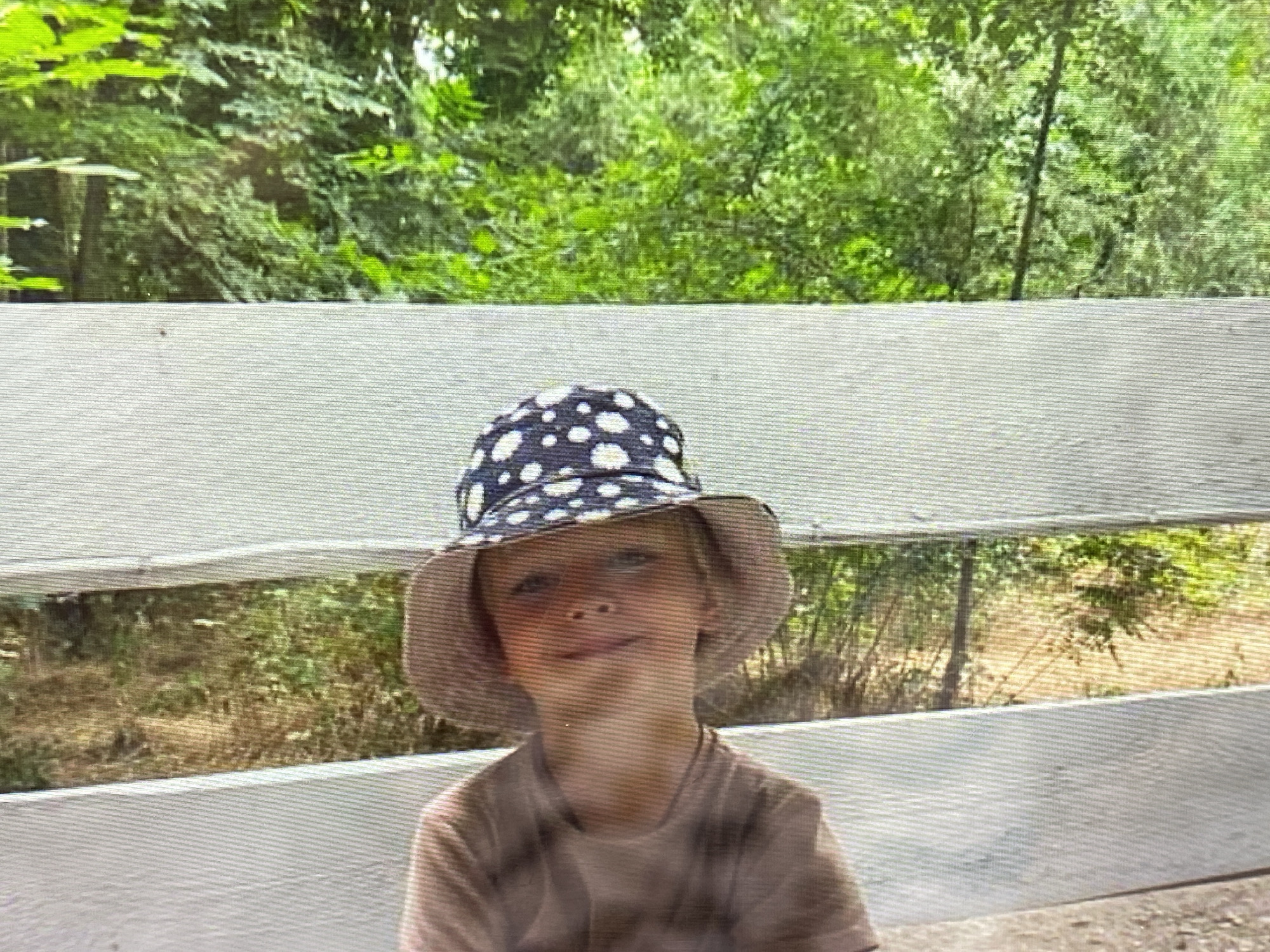 A young child, appearing to be between 4 and 6 years old, is pictured from the chest up. The child has fair skin and blonde hair, partially obscured by a wide-brimmed hat with a dark blue and white polka dot pattern on the crown and a neutral-colored brim. The child is wearing a light brown t-shirt with a subtle tie-dye pattern. They are looking slightly to their right with a faint smile. The background consists of lush green trees and foliage. In the foreground, there is a white railing or fence, and beyond that, a blurred background of vegetation and dry grass. The image quality is somewhat pixelated, suggesting it might be a digital photo taken at a distance or with a low-resolution camera. The scene is outdoors, likely in a park or natural setting. The specific location in Pivdennoukrainsk, Ukraine, cannot be determined from the visual information provided in the image.