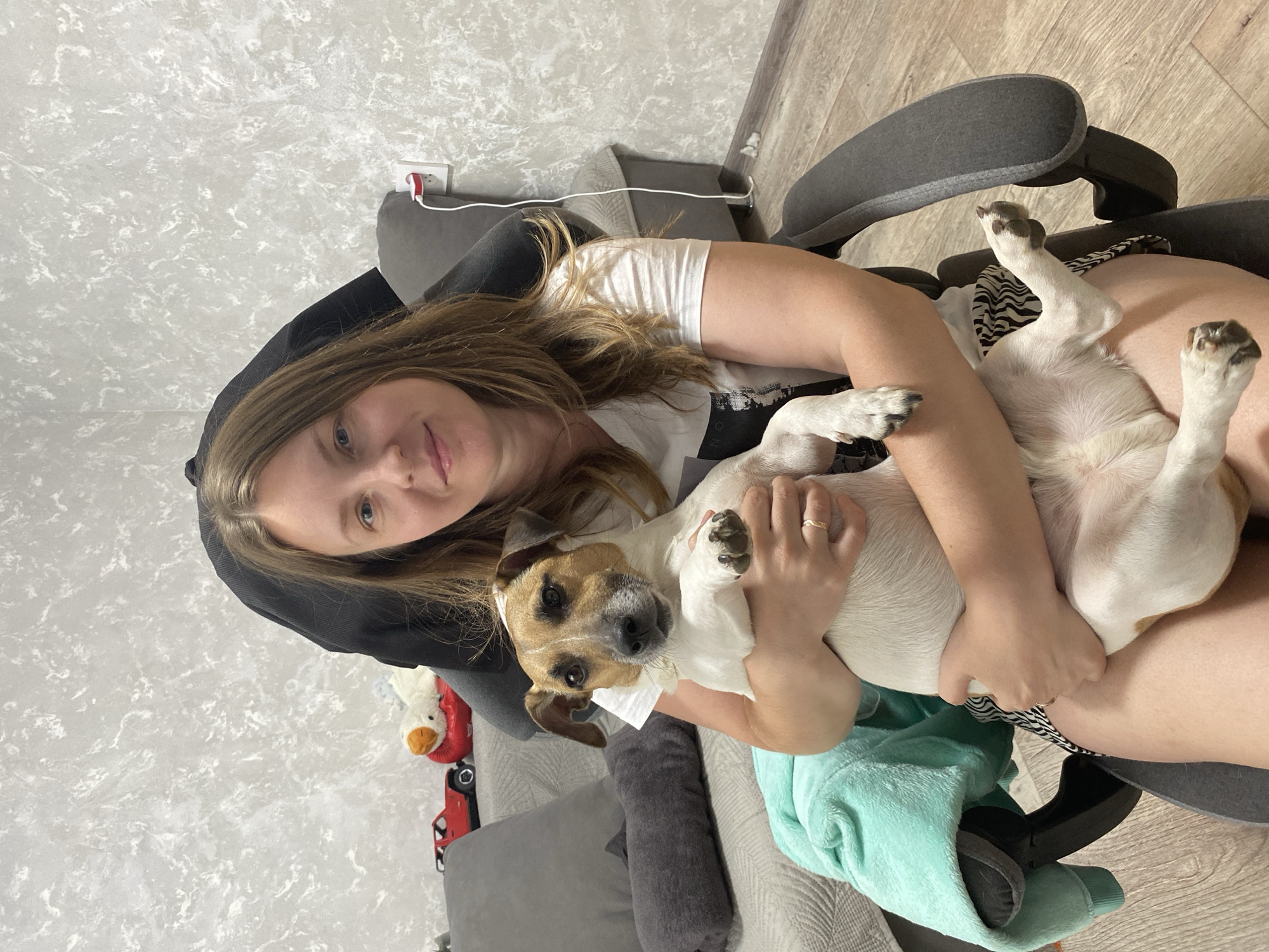 A woman is sitting in a grey office chair, cradling a Jack Russell Terrier dog in her lap. The dog is lying on its back with its paws up. The woman is wearing a white t-shirt and has long brown hair. A grey sofa with a throw pillow, a child's toy, and a light green sweatshirt are visible in the background. The location is a room with light grey textured wallpaper and light wood-colored flooring. The city is not determinable.