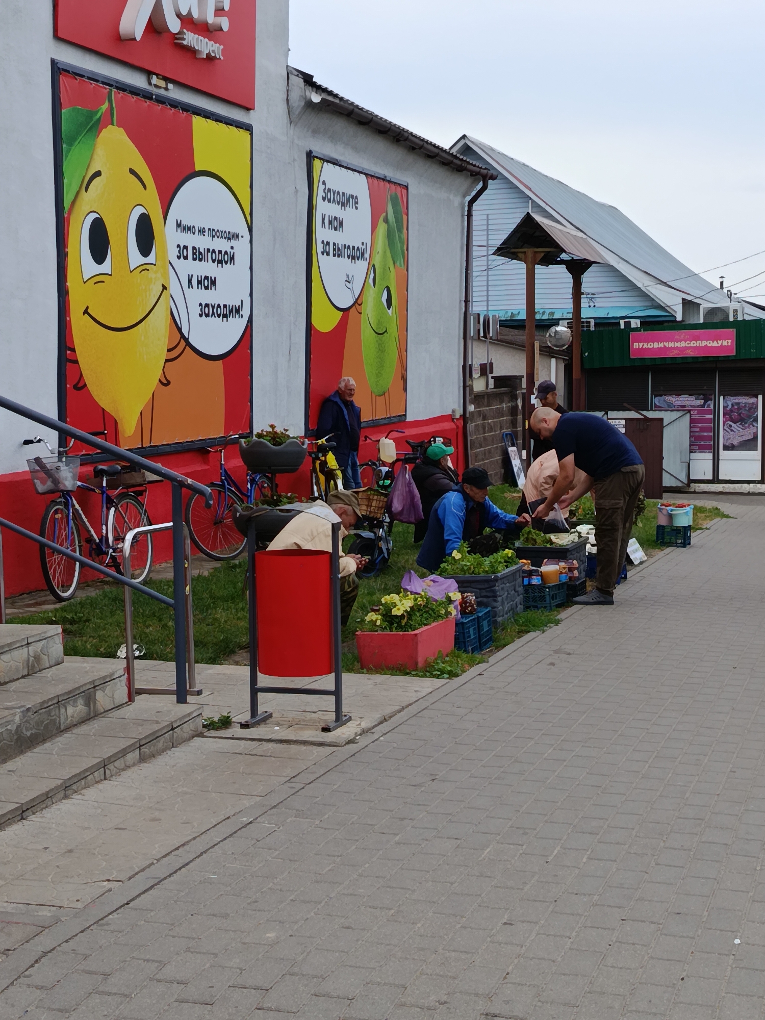 In the city of Smelyavichi, Belarus, outside a store with banners depicting cartoon lemons, a group of people are engaged in commerce. The banners, one featuring a yellow lemon and another a green lemon, are advertising a sale. A man in a dark blue shirt and khaki pants is interacting with a stall selling produce. He is leaning over a crate of vegetables and holding a plastic bag. Nearby, another person in a blue jacket and black cap is also attending to the produce. A person in a beige jacket and a hat is seated and appears to be part of the selling group. Several bicycles are parked near the building, including one with a basket and another with a planter. A red trash can stands on the sidewalk. The ground is paved with interlocking bricks, and there are areas of grass and flower planters. The sky is overcast.