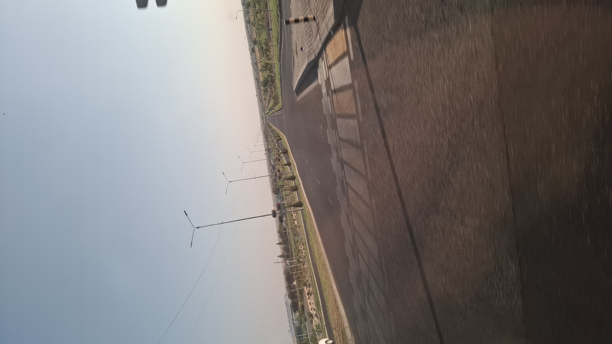 The image depicts a road in Shymkent, Kazakhstan, lined with trees and streetlights. The road is asphalt, with white lane markings visible. On the left side of the road, there are green fields and some buildings. On the right side, there is a sidewalk with a pedestrian crossing marked by yellow and black striped bollards. The sky is clear and blue, suggesting it is daytime. The image appears to have been taken from a moving vehicle, as indicated by the motion blur in the foreground.