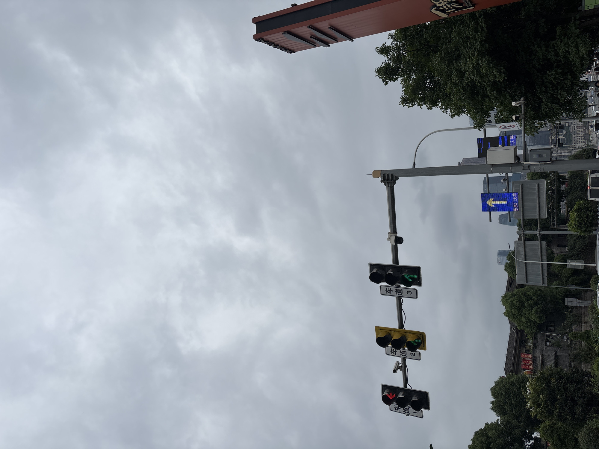 The image depicts a street scene in Nan'an District, Chongqing, China. The sky is overcast. Dominating the right side of the frame is a traffic light pole with three vertical traffic lights. The top light is green with a right-pointing arrow, the middle light is yellow with a green right-pointing arrow, and the bottom light is red with a left-pointing arrow. Chinese characters are visible on signs attached to the lights. A blue directional sign with a white left-pointing arrow is also visible, attached to the pole.
Buildings and trees are seen in the background. A brown structure is visible in the upper left. Other street signs are also visible.