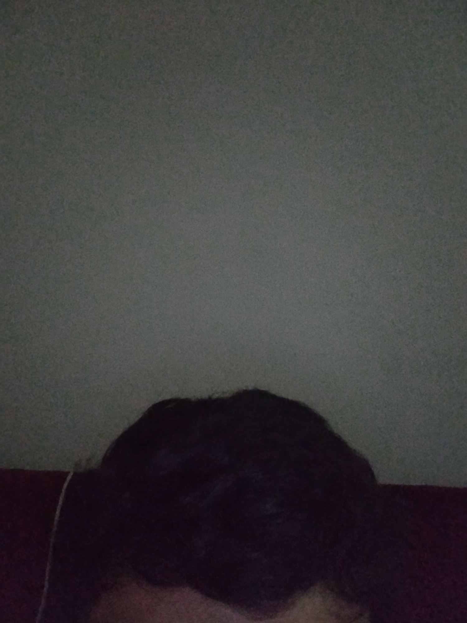 The image shows a person's head and shoulders against a pale green wall. The person has dark hair. A portion of a dark red surface is visible behind the person, suggesting they may be sitting on a piece of furniture. One end of a white electrical wire is visible against the red object. It's impossible to ascertain the location of the image or any information about the subject's actions or interactions from this image.