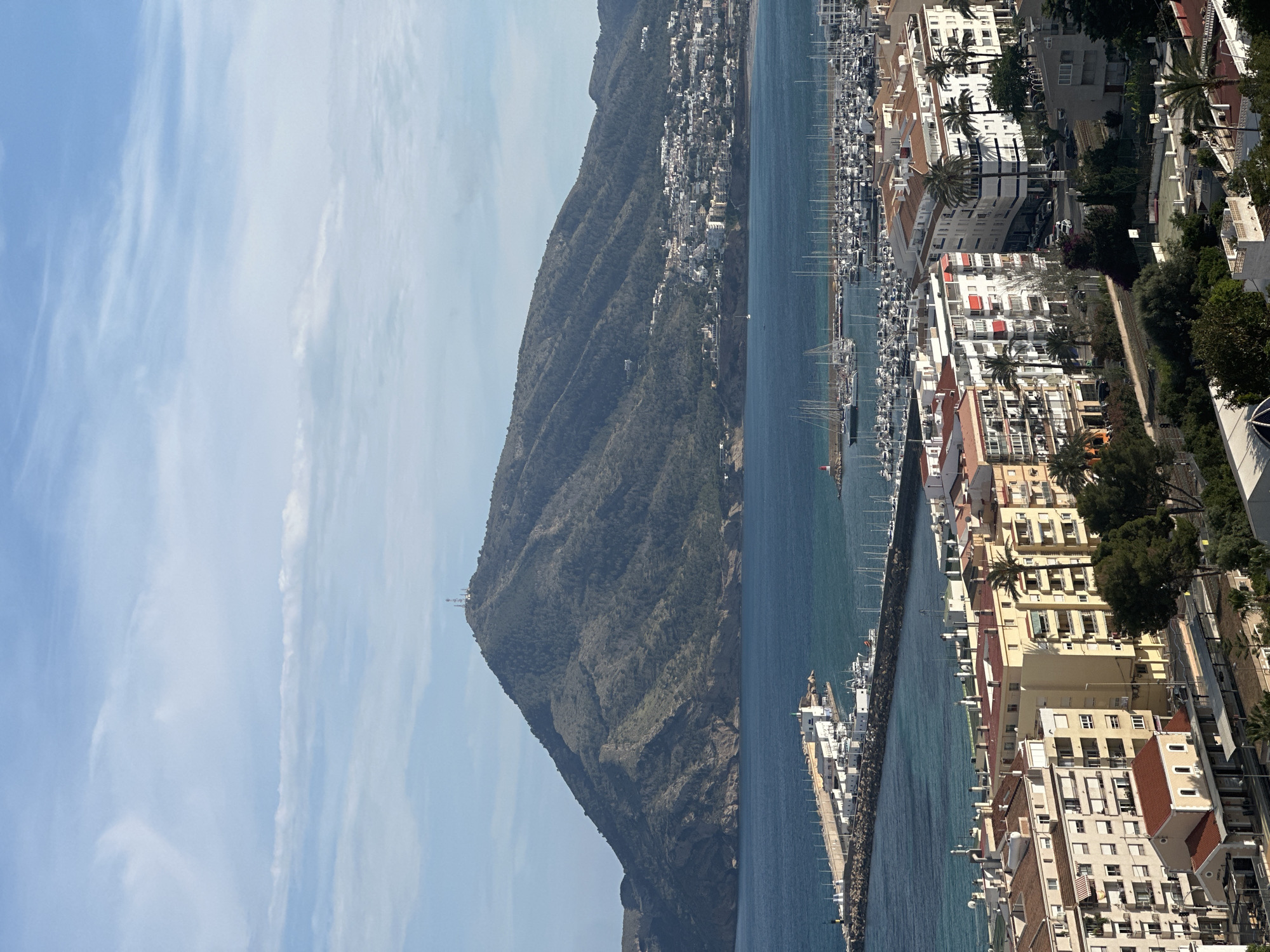 The image presents an elevated view of Altea, Spain, oriented vertically. Dominating the landscape is a large, verdant mountain ridge that extends into the sea, gradually transitioning from lush vegetation to rugged rock formations along the coastline. The mountain slopes are dotted with buildings.
The coastline is characterized by a port filled with numerous sailboats and yachts, indicating a maritime presence. Adjacent to the port are buildings and residential structures. The architecture is a blend of white facades, many with red-tiled roofs. Beyond the buildings, the view extends towards the sea, culminating in a light blue sky with scattered clouds.