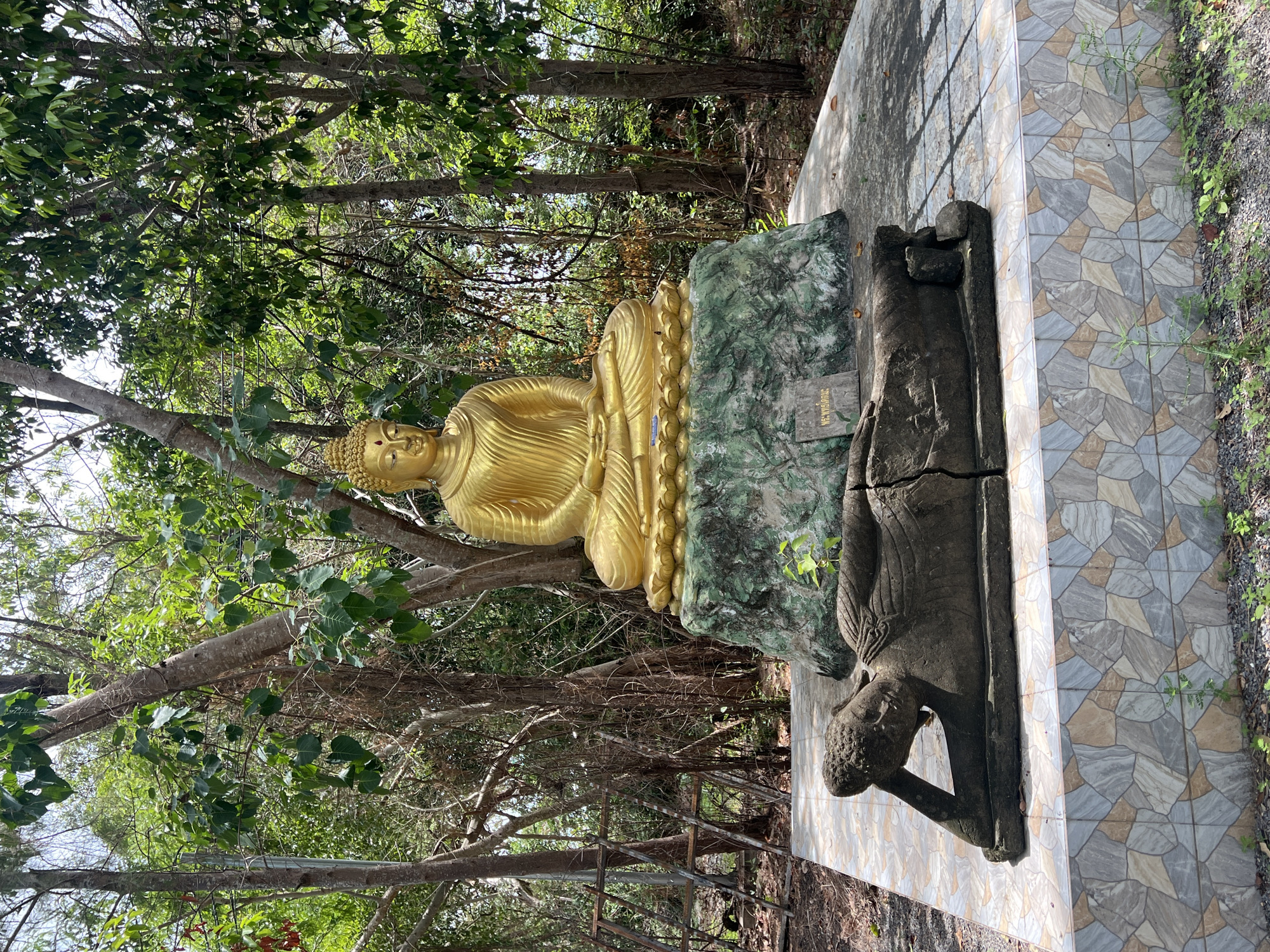 The image depicts a serene outdoor scene with two Buddha statues in Baan Thong Krut, Thailand. In the foreground, a weathered, dark stone statue of a reclining Buddha lies on a tiled platform. The statue is broken in several places, suggesting age and exposure. Behind it, on a green, rock-like pedestal, sits a large, gleaming gold statue of a seated Buddha in a meditative pose. The background is dominated by lush green trees and foliage, characteristic of a tropical environment. The lighting suggests it is daytime, with sunlight filtering through the leaves. A small sign with Thai writing is visible near the base of the gold Buddha statue.