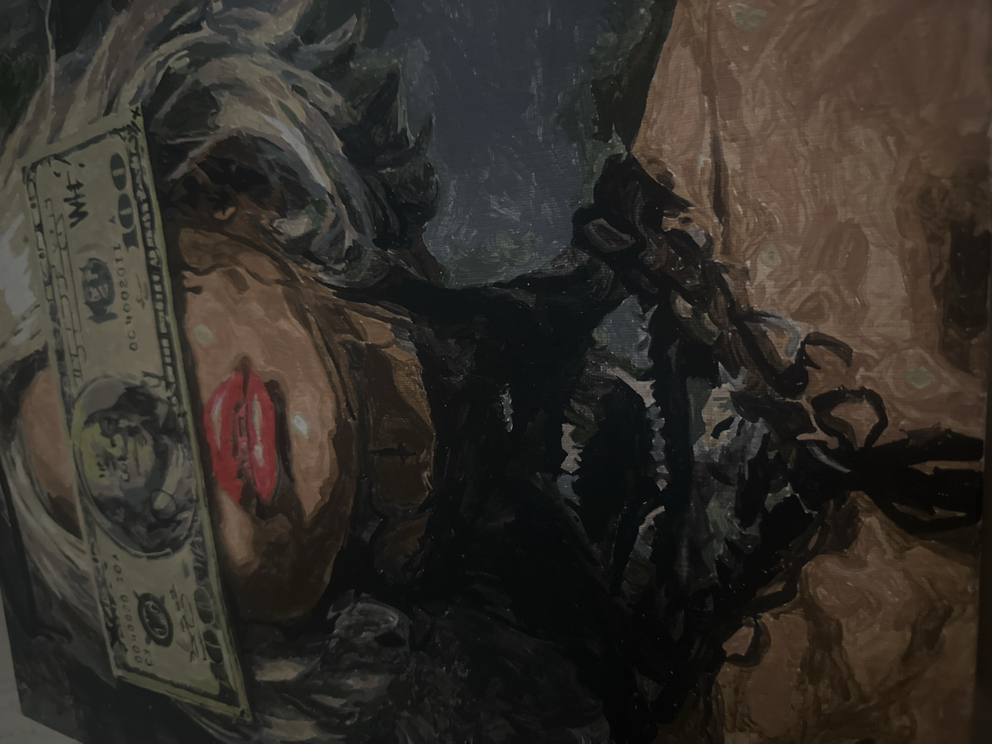 This media file is an angled, close-up photograph of a painting or digital artwork. The primary subject is a person's head and upper torso. Light-colored hair, rendered with visible brushstrokes in shades of brown and beige, frames the left side of the composition. A stylized $100 bill is prominently placed over the person's face, obscuring the forehead and eyes. The bill depicts a stylized portrait of Benjamin Franklin and the number "100". Visible text on the bill includes "WH?", "OC 400201I A", and "OO 4002010 A".
Below the dollar bill, the person's lower face is visible, characterized by striking, bright red lips. The skin tone is depicted in warm, brownish-peach hues. To the right and upper portions of the image, dark, tangled forms, suggestive of hair or fabric, blend into an abstract background composed of dark blue, grey, and brown brushstrokes. The overall style is painterly, with noticeable texture and broad strokes. The composition's tilted perspective creates a dynamic and somewhat disorienting effect. The scene depicts a static pose, with the dollar bill acting as a significant visual element covering part of the face.