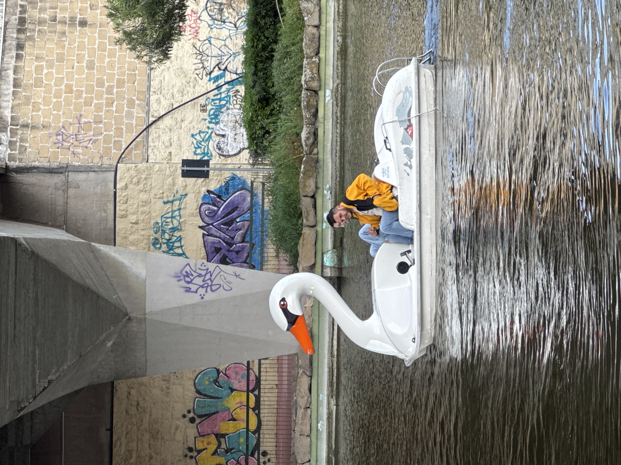 A man in a yellow jacket and blue jeans sits in a white swan-shaped paddle boat on a body of water. The boat is adjacent to a wall covered in graffiti. A concrete structure partially overhangs the boat. The location is likely the area near the Ponte della Musica in Rome, Italy, known for its street art and proximity to the Tiber River.
