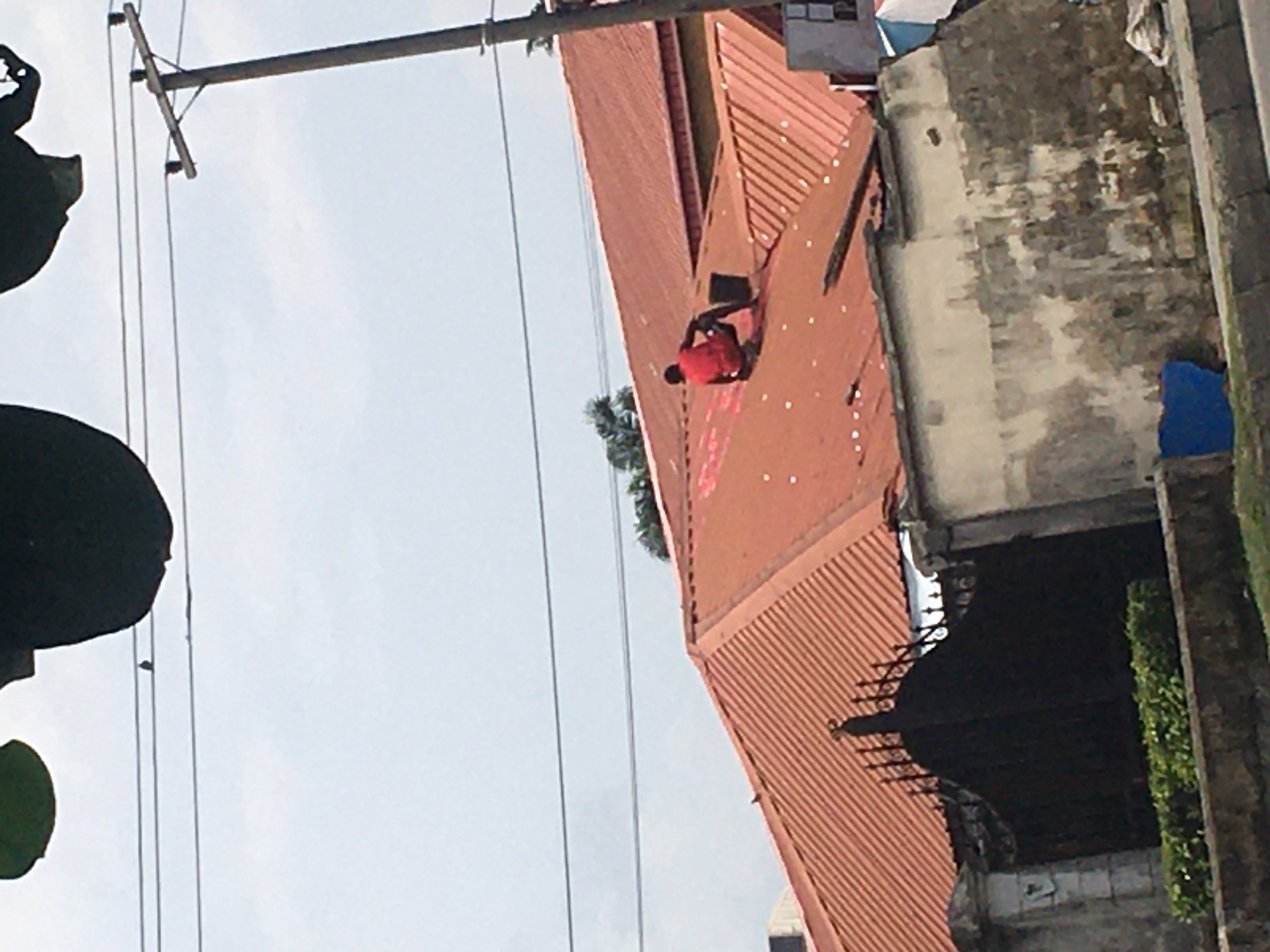 This image captures an outdoor scene in Ado, Nigeria, depicting a person engaged in activity on a building's roof. The primary subject is an individual, seen from an elevated perspective, wearing a red shirt and dark trousers or shorts. They are positioned in a crouched or kneeling stance on a large, reddish-brown corrugated metal roof, suggesting they are performing work or maintenance, possibly painting or cleaning, as evidenced by white specks on the roof surface near them.
The roof is prominently featured, characterized by its ridged texture and sloping design. To the right of the main roof, sections of other buildings are visible, including a textured, weathered concrete wall and a dark, recessed area that appears to be a balcony with an ornate metal railing. Some green foliage, possibly from trees or bushes, peeks out from behind the roof and along the edges of the visible structures.
Above the scene, against a bright, clear sky, a utility pole and overhead power lines extend across the frame, indicating an urban or semi-urban environment. The time of day is clearly daylight, with ample natural light illuminating the scene and suggesting fair weather. No text is visible in the image.