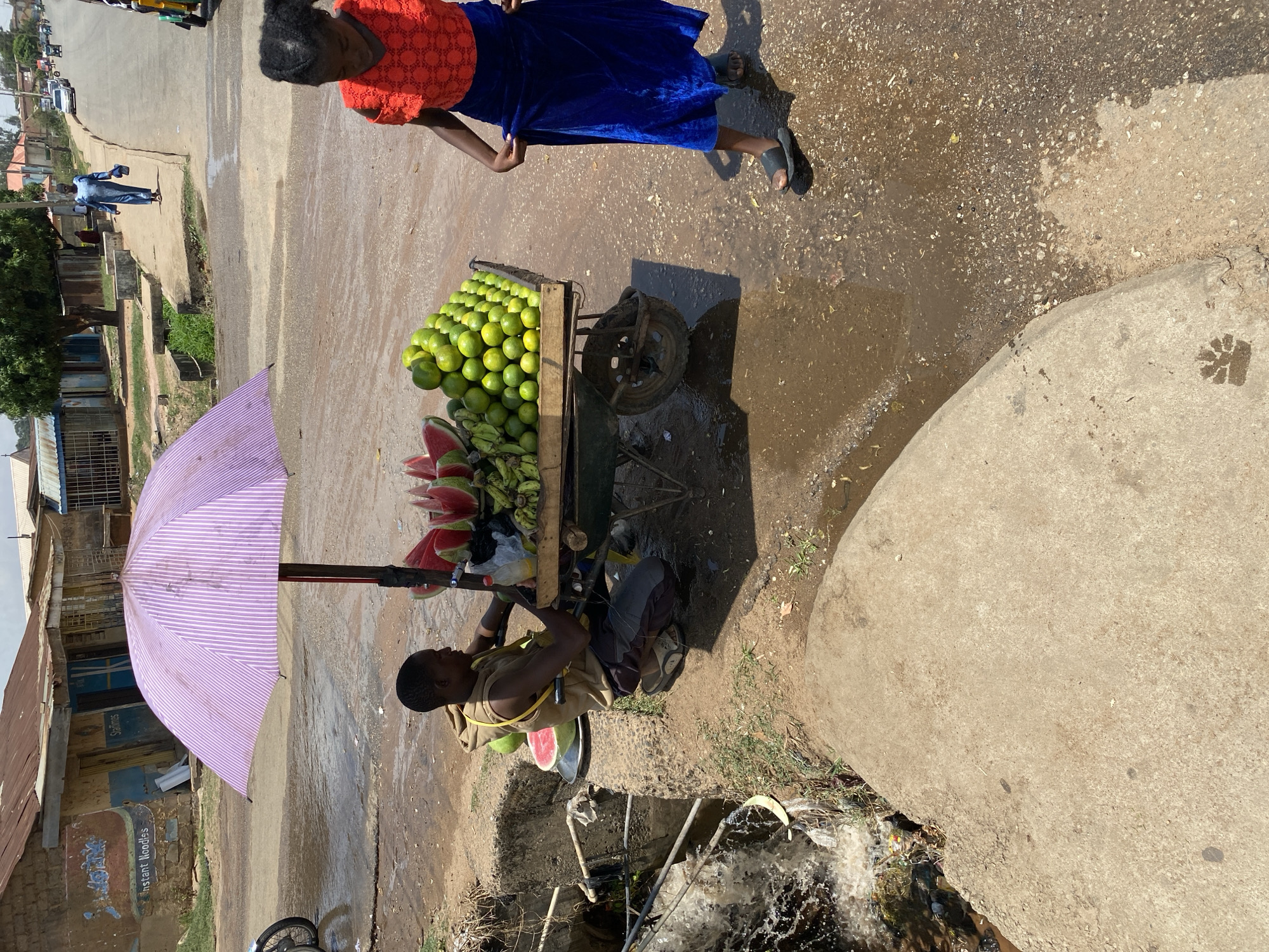 A street scene in Bukuru, Nigeria, shows a man seated beside a cart laden with limes, bananas, and watermelon, under a striped purple umbrella. He is next to an open sewer. A woman in a red top and blue skirt stands nearby. Buildings line the street in the background.