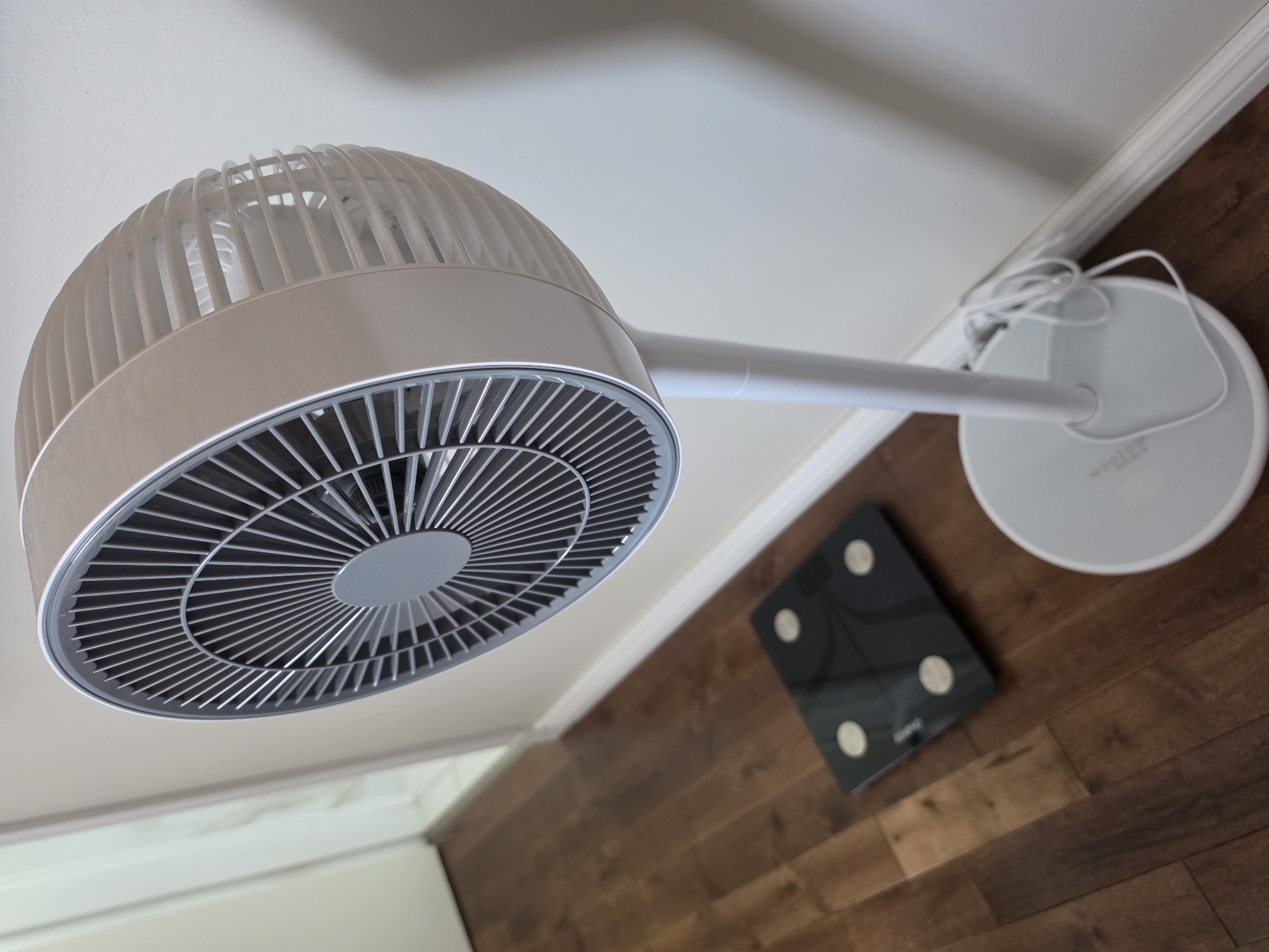 A white floor fan stands on a wooden floor next to a white wall. The fan has a round grille with a grey circular accent in the center. A black digital scale with four circular sensors sits on the floor in front of the fan. A white electrical cord is coiled on the base of the fan. The scene appears to be indoors.