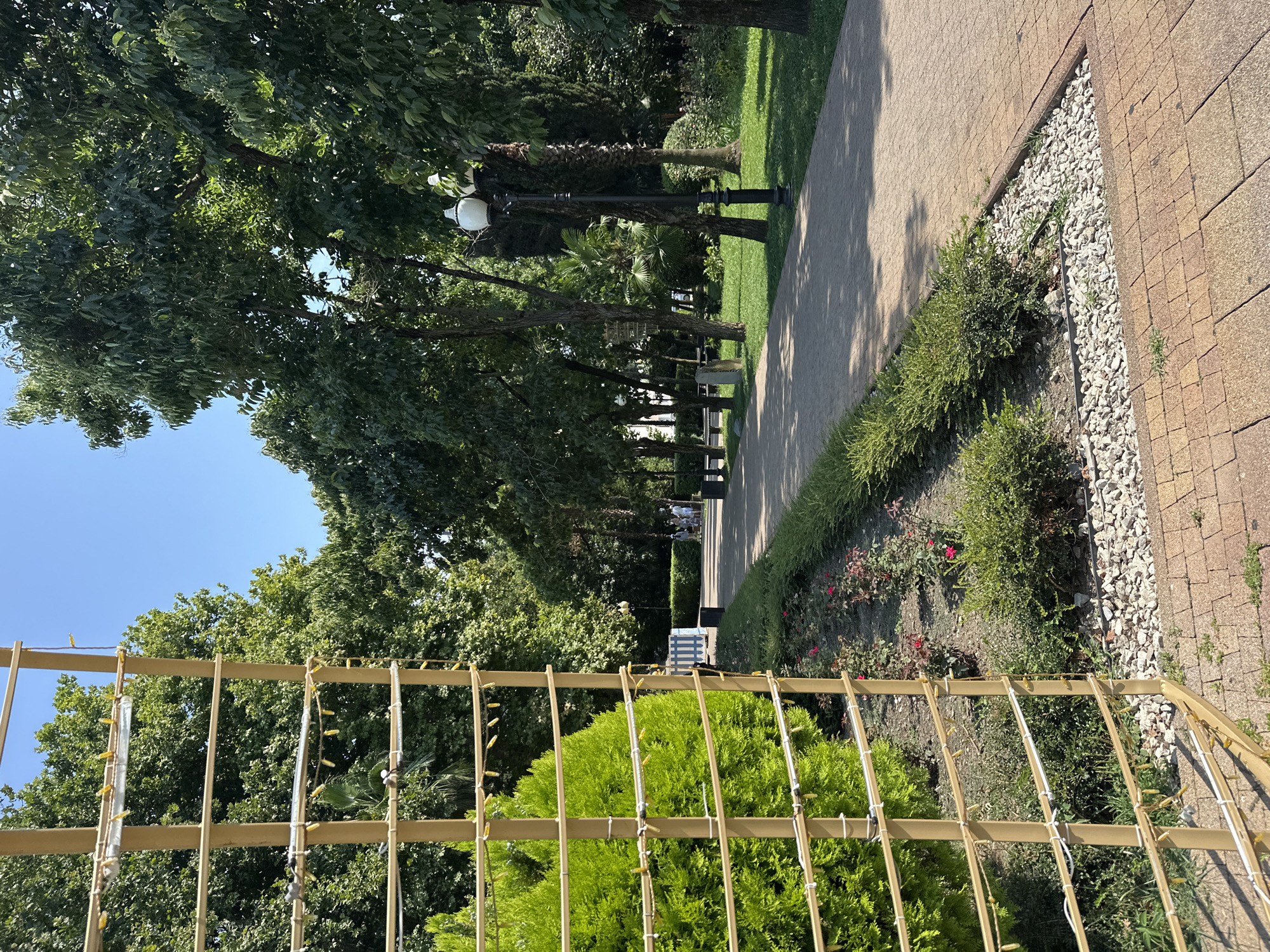 This image captures a sunlit park scene in Sochi, Russia, likely during the daytime. In the foreground, a golden, lattice-like structure is adorned with white strings of small, yellow lights. To its left, a vibrant, bushy green plant is visible. A paved pathway, constructed from reddish-brown bricks and bordered by white gravel, meanders through the park. Along the pathway, there are low-lying green bushes and some rose bushes with red flowers. Tall, mature trees with lush green foliage dominate the background, casting dappled shadows on the pathway. A classic black lamppost with a white, ornate lantern stands beside the path. Further down the path, a few individuals, dressed in casual summer attire, can be seen walking. In the distance, a blue and white striped structure is partially visible. The sky above is clear and blue.