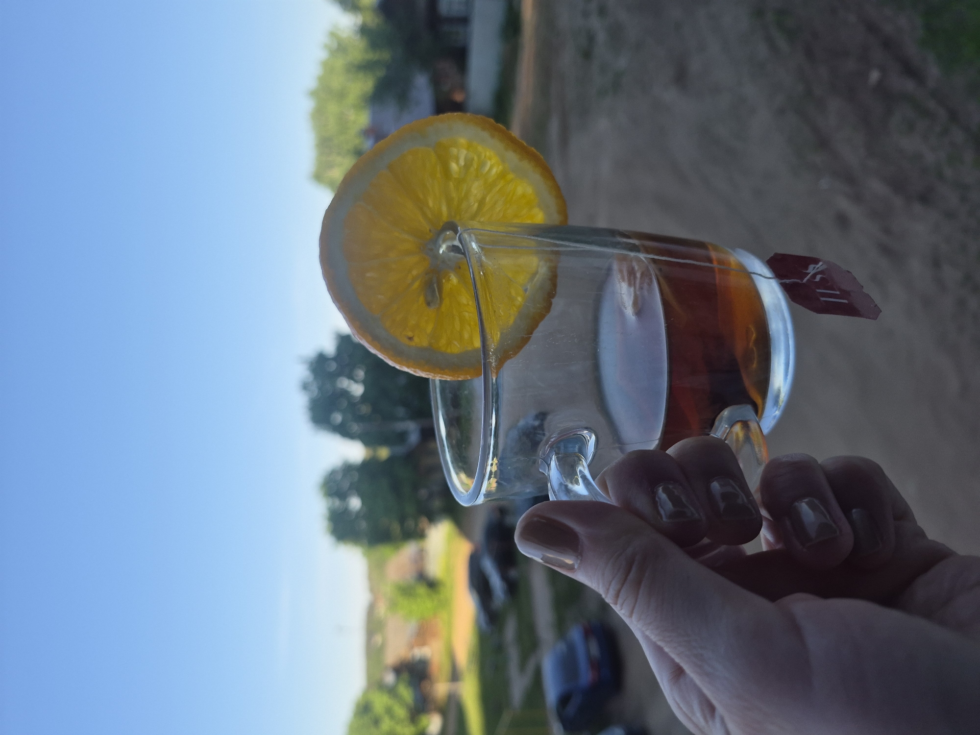 A person is holding a clear glass mug filled with a dark liquid, likely tea, and adorned with a slice of orange. The mug has a small, visible tea bag tag. The person's hand is visible, and the fingernails are painted with a light, neutral color. In the background, a blurred outdoor scene is visible. The composition of the background includes a blue sky, trees, greenery, and possibly a road or unpaved area. The setting appears to be an outdoor area during daylight hours, possibly in a rural or suburban location. The photo is taken at an angle, with the sky and background forming a backdrop for the hand holding the mug.