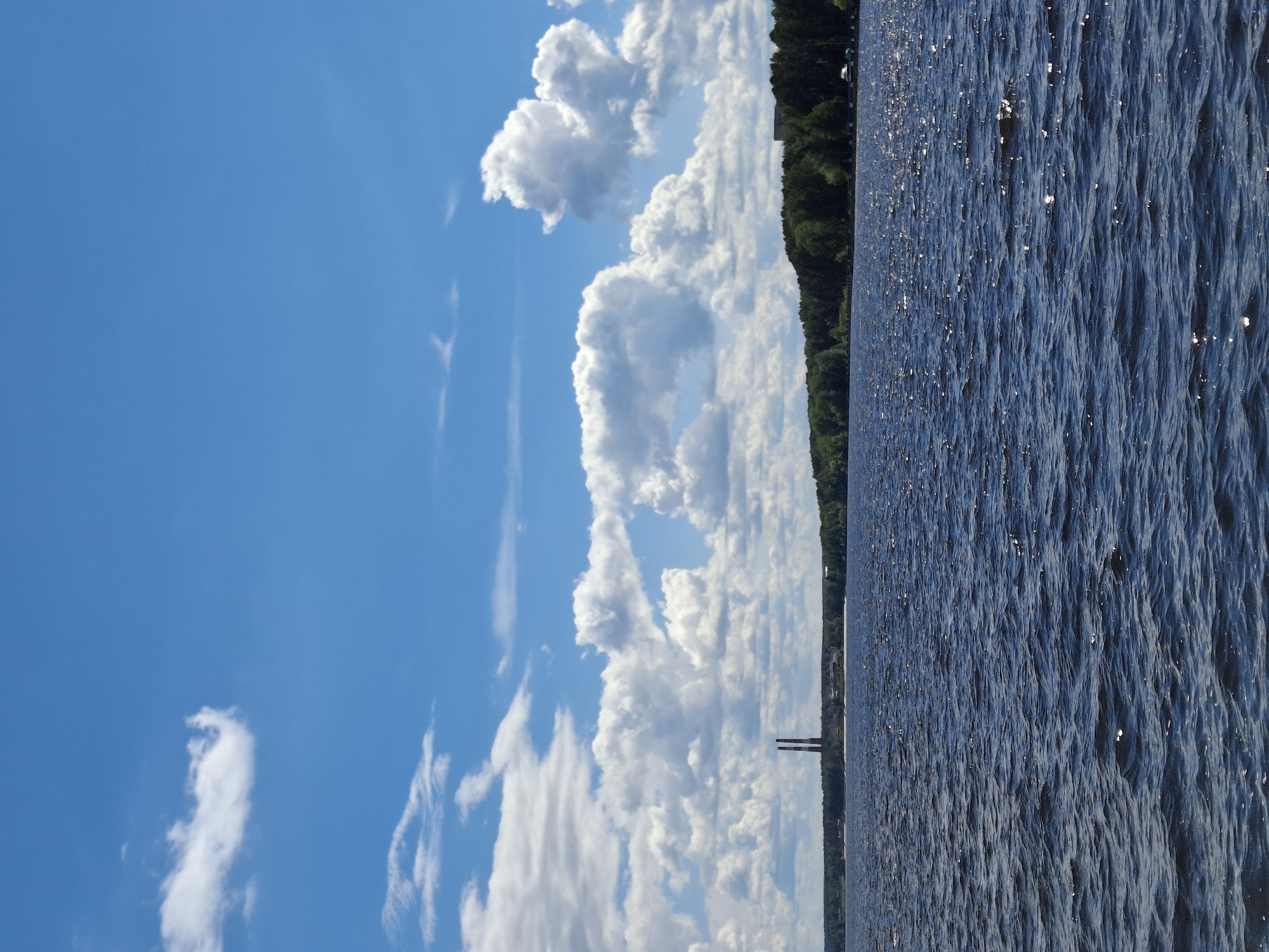 The image depicts a body of water, likely the Votkinsk Reservoir, near the city of Chaikovsky, Russia. The water is ruffled, with sunlight glinting off the waves. A shoreline with a dense forest runs along the opposite side. In the distance, two tall, thin structures are visible, possibly industrial chimneys or towers. The sky is predominantly blue, with scattered white clouds. Some clouds are large and puffy, while others are thin and wispy.