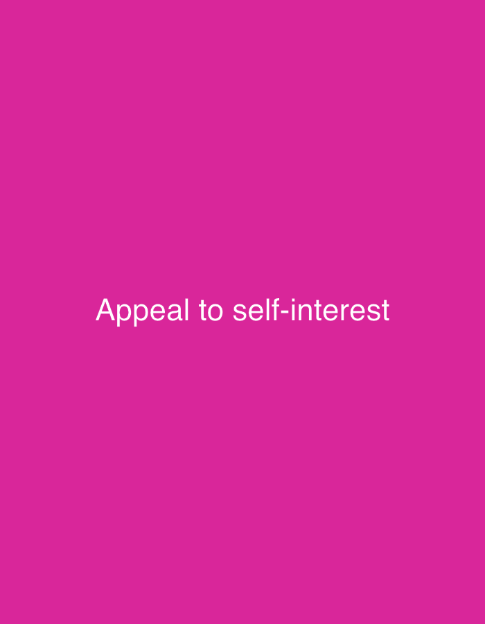 The image is a plain pink background with white text that reads "Appeal to self-interest". There is no information about the city of New Stadium, Nigeria or any other location.