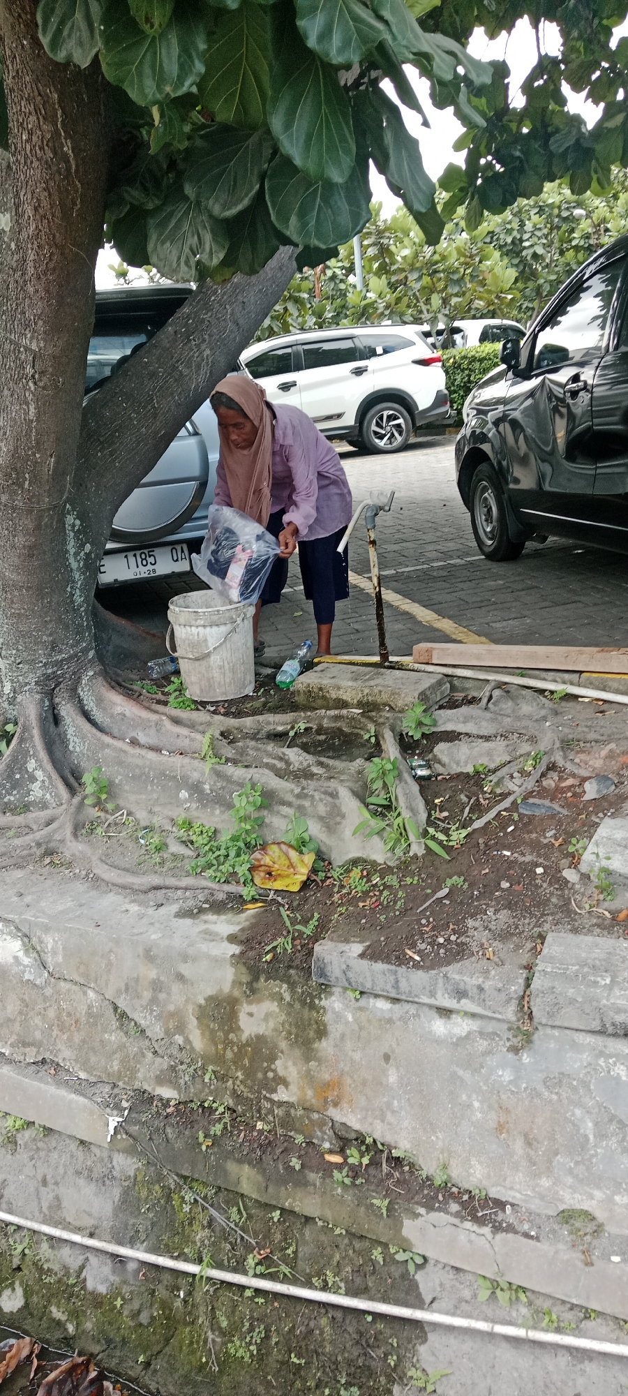 An older woman wearing a light purple long-sleeved shirt and a light brown hijab is standing next to a large tree with exposed roots. She is holding a clear plastic bag filled with items and is in the process of placing it into a light gray bucket. Next to the bucket are two plastic water bottles, one partially visible. The scene appears to be in an outdoor parking lot with vehicles present, including a white SUV and a dark-colored SUV. The ground is a mix of dirt, concrete, and asphalt with scattered debris. The area is shaded by the large tree and its broad leaves, suggesting a potentially warm climate. The license plate on the car partially visible is E 1185 QA 01-28. The location is identified as Maguwoharjo, Indonesia.