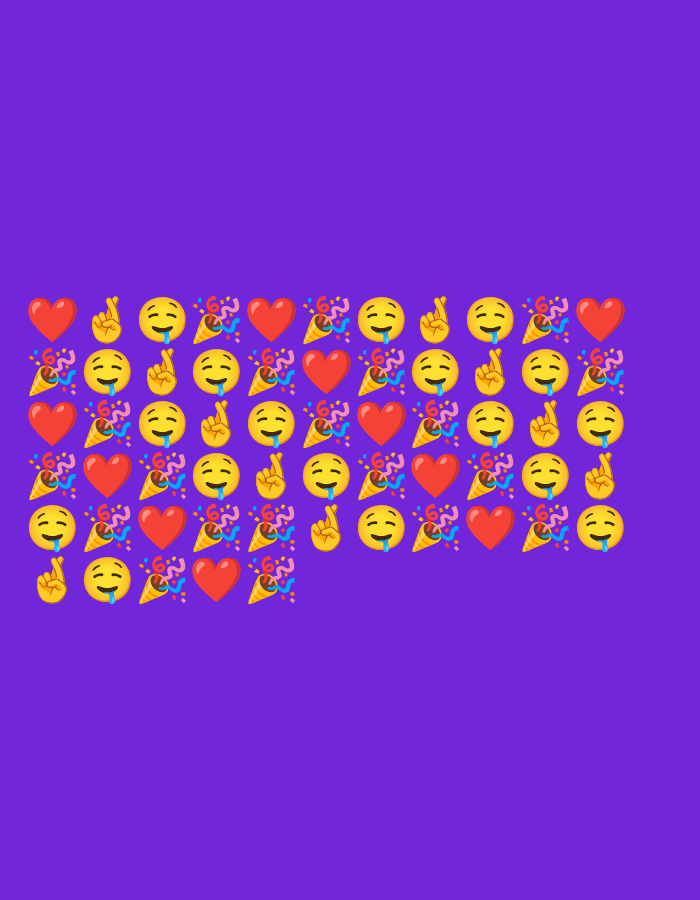 The image shows a purple background with rows of emojis. The emojis include a red heart, a crossed fingers hand gesture, a smiling face with tongue, and a party popper. The emojis are arranged in a repeating pattern across the image. There is no visible information to determine the location in Haini, India.
