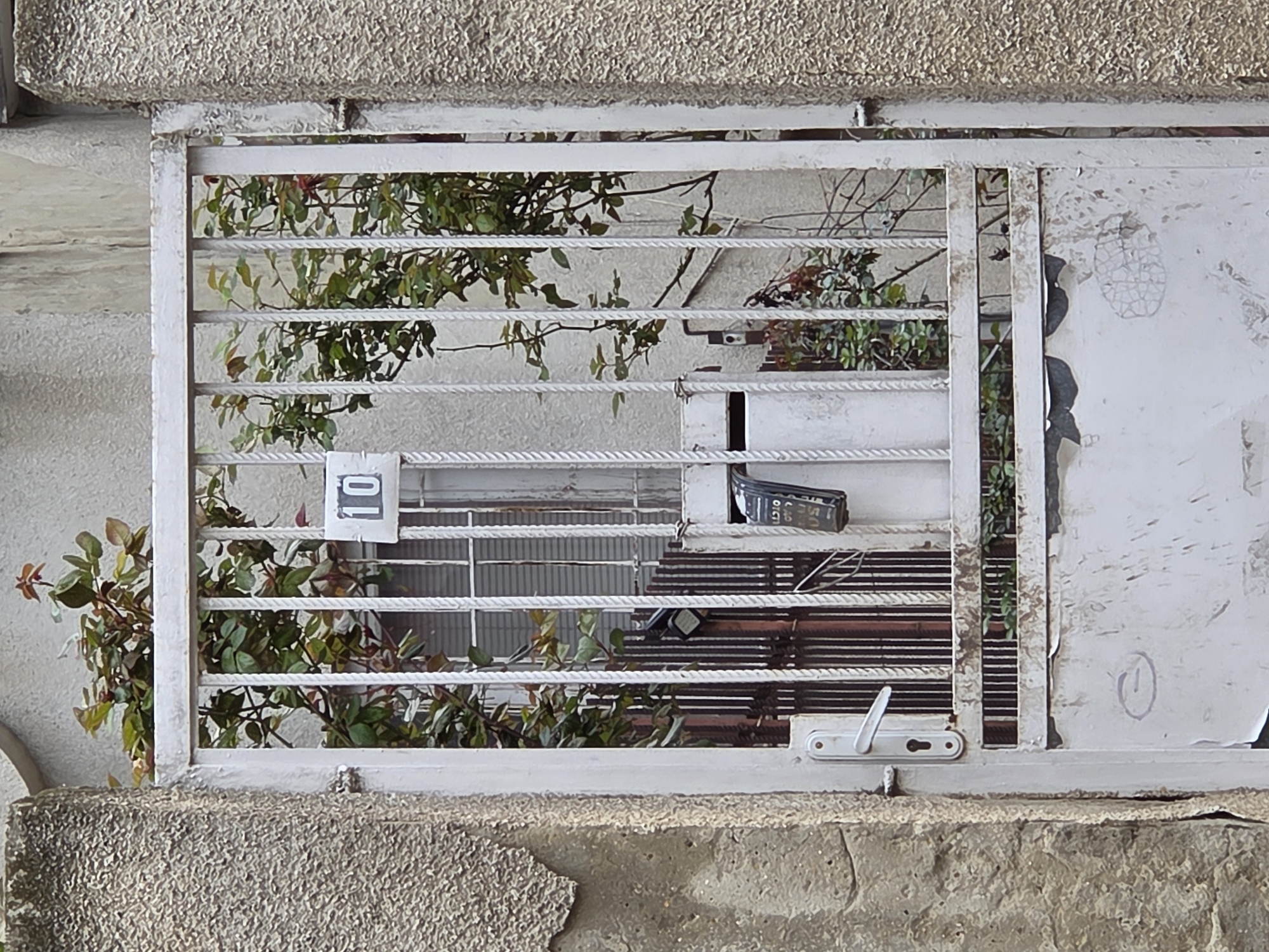 The image shows a white, weathered, metal-barred window, likely on a building, framed by rough concrete. Green foliage is partially visible through the bars, suggesting plants growing either inside or outside the window. A white sign with "10" on it is visible through the bars. Behind the metal bars, there is partially visible furniture. The image's location is Varna, Bulgaria.