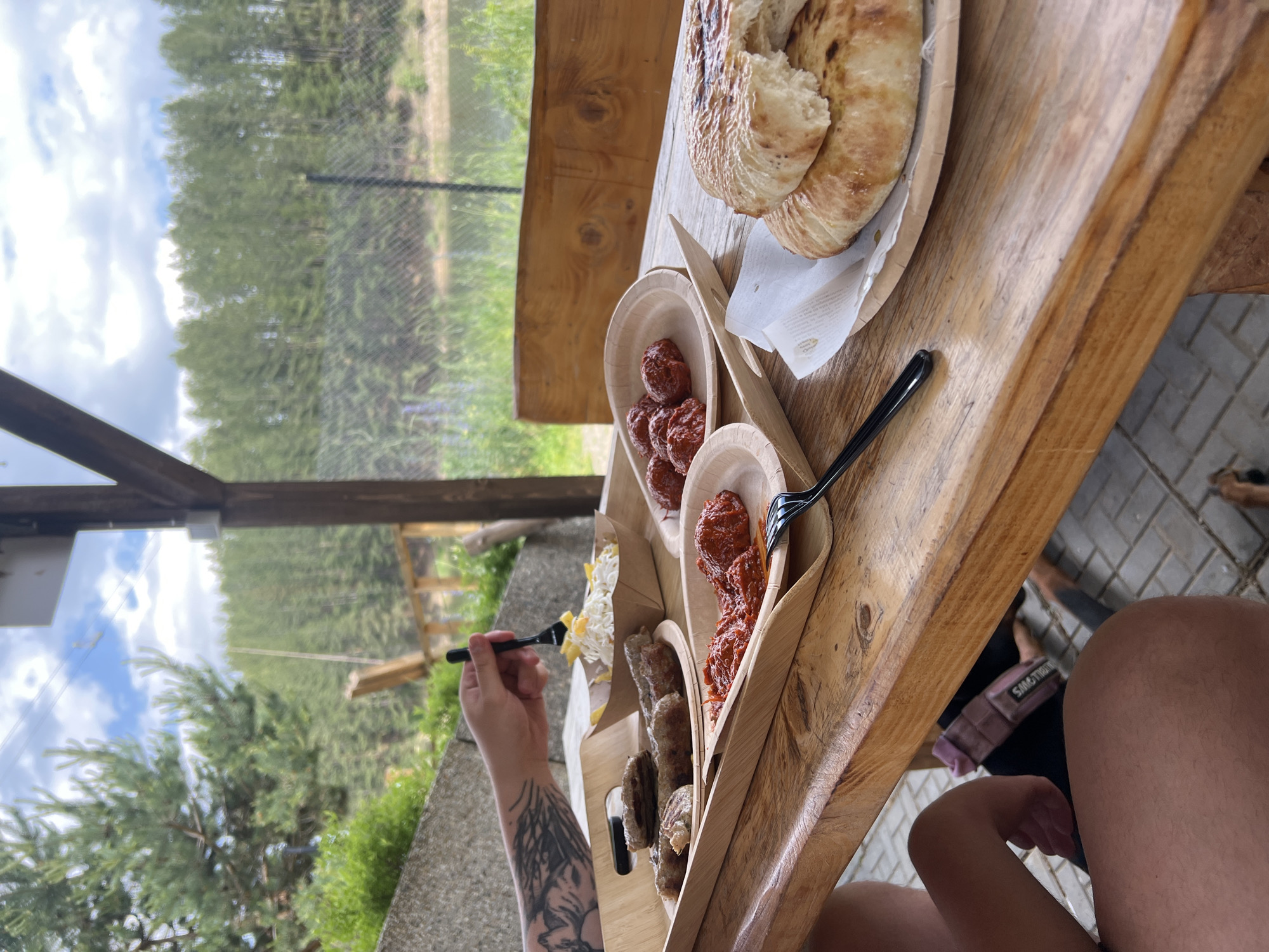 The image depicts an outdoor dining scene in Alino, Bulgaria. A rustic wooden table occupies the foreground and midground, holding various food items served on disposable plates and containers.
On the left side of the table, a person's right arm is visible, featuring a full tattoo sleeve. The hand holds a black fork, lifting food from a rectangular paper container that holds golden-brown fried potato sticks topped with white shredded cabbage or coleslaw. To the left of this container, on a round paper plate, are several elongated, grilled meat items, likely sausages or ćevapi. A black smartphone rests on the wooden serving tray beside these meat items. Adjacent to the meat, another round paper plate contains a generous portion of a reddish, textured relish or sauce, possibly ajvar, alongside several small, round, reddish items that appear to be meatballs or similar items coated in sauce. A second black fork rests on this plate.
To the right, on a separate round paper plate with a white paper liner, are two round, grilled flatbreads, one of which is partially broken, exposing its soft, white interior.
The environment beyond the table consists of a concrete retaining wall or planter on the left, topped with green foliage. In the background, a body of water, resembling a lake or pond, is visible behind a chain-link fence. The far bank of the water is densely forested with numerous green trees. The sky above is partly cloudy with visible patches of blue. A wooden post from an overhead structure is visible on the far right, suggesting a covered dining area. Below the table, grey interlocking pavement bricks are visible, along with parts of two sets of human legs, indicating at least two individuals are seated. The person on the left is wearing dark shorts, and a pink object labeled "SANCTIONED" is partially visible near their leg.