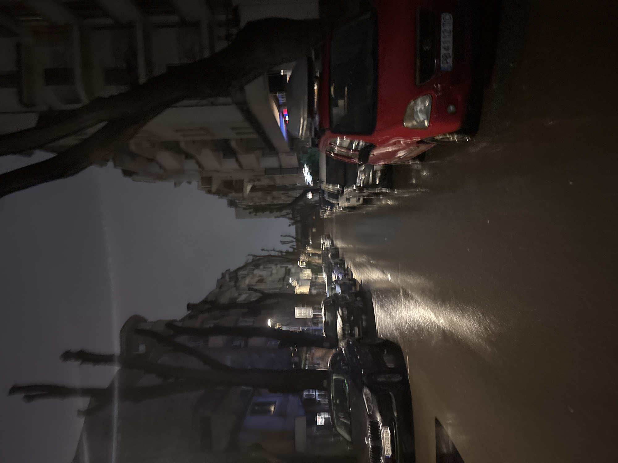 The image depicts a street in Plovdiv, Bulgaria, at night, likely after rain, as indicated by the wet pavement reflecting streetlights and car headlights. A row of parked cars lines the right side of the street, including a red car in the foreground with a visible license plate "PB 4112 IC". Further down the street are other vehicles, including a black car with a visible license plate "PB 2330 TH". Buildings line the left side of the street. Trees are visible on both sides of the street, with bare branches suggesting either late autumn or winter. The overall illumination is dim, with light primarily sourced from streetlights and vehicle lights. No people are clearly visible in the image.