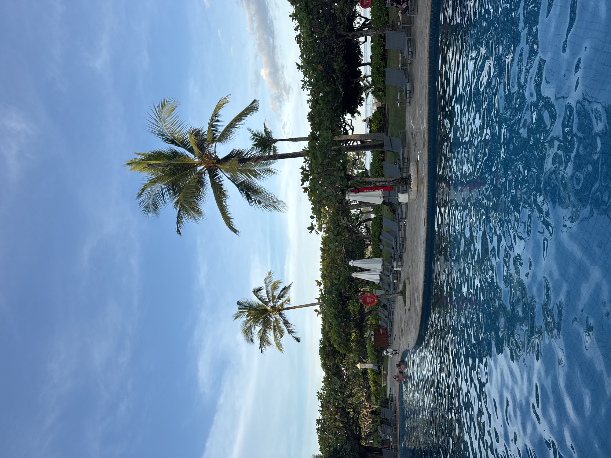 The image depicts a scene in Kuta Selatan, Indonesia, beside a swimming pool. Two palm trees sway against a blue sky with sparse clouds. The pool’s edge is lined with sun loungers and umbrellas. People are present near the pool. Lush tropical vegetation is visible between the pool area and the horizon. The pool water reflects the sky and surrounding foliage.