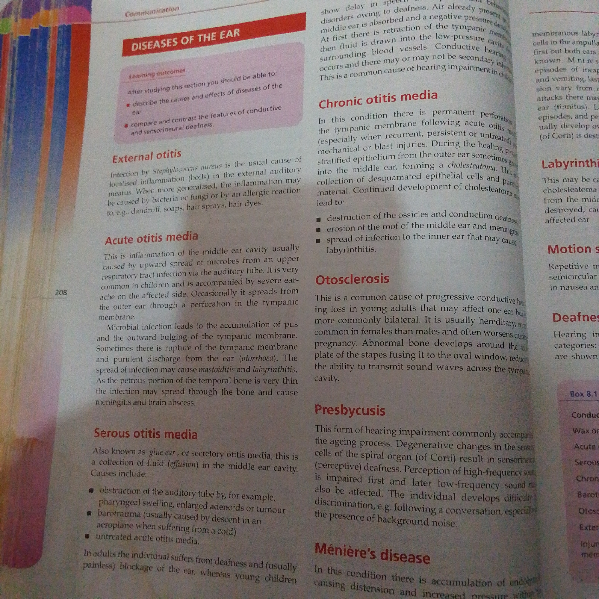 The image is a close-up of a page from a textbook or informational document discussing diseases of the ear. The text is in English and is organized into sections with headings such as "DISEASES OF THE EAR," "External otitis," "Acute otitis media," "Serous otitis media," "Chronic otitis media," "Otosclerosis," "Presbycusis," and "Ménière's disease." The page also contains some smaller text sections and a box labeled "Box 8.1." There is no information in the image that relates to Jalingo, Nigeria, or any city. The image is purely informational text from a publication.