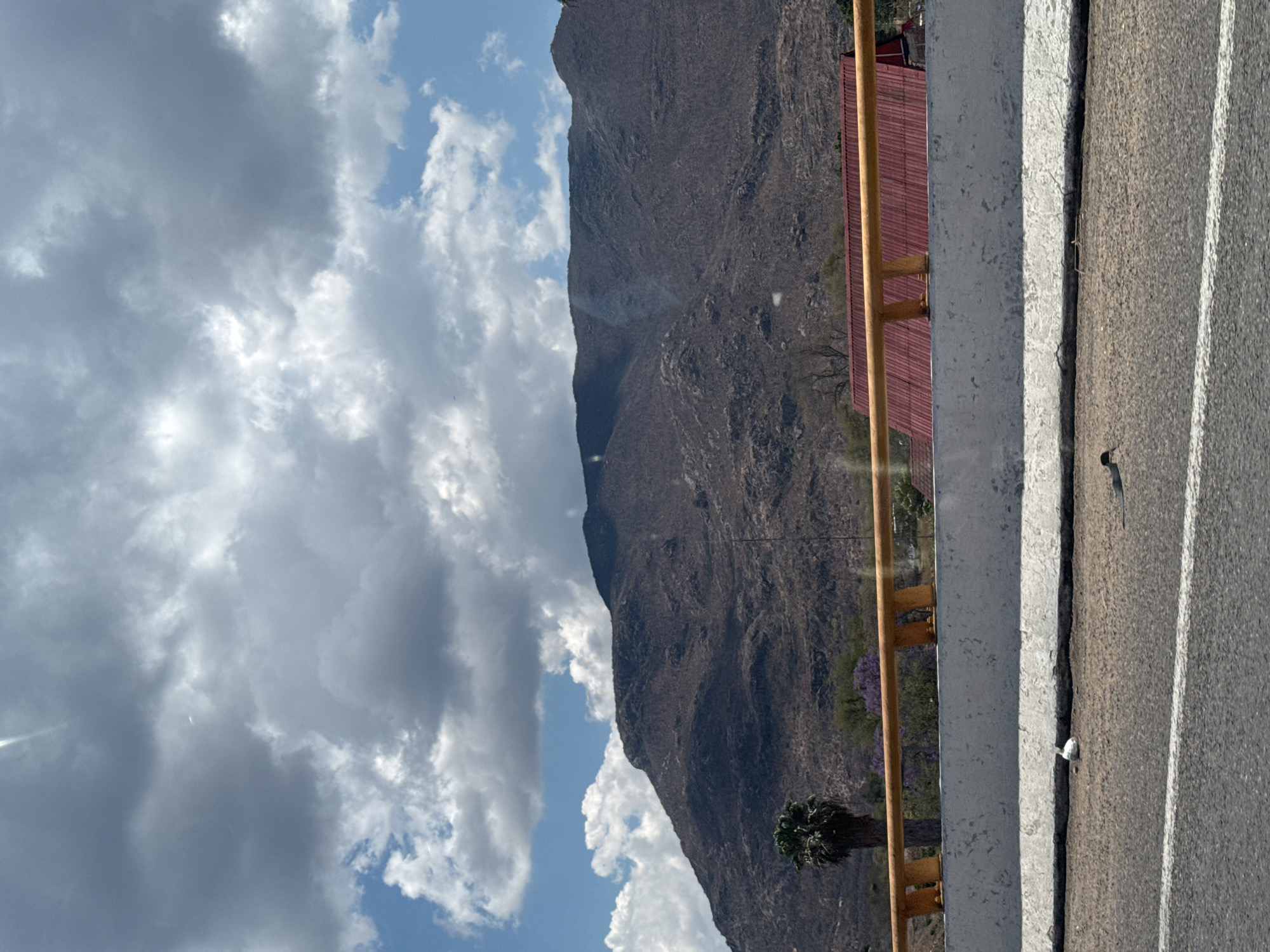 The image shows a view from a bridge in Tlalixtac de Cabrera, Mexico. The bridge has a gray concrete barrier with a crack running along its edge. A yellow metal railing is visible behind the barrier. To the left of the barrier, a tall, rocky mountain rises into a cloudy sky. The vegetation on the mountainside includes a palm tree and some purple flowering trees. A building with a red roof is visible near the base of the mountain. The pavement of the bridge is cracked with a white line painted to the side.