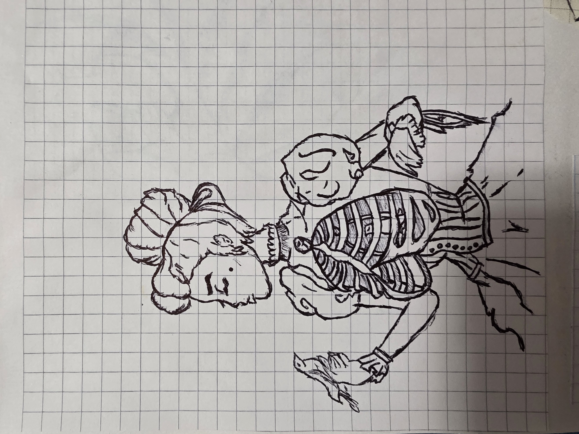 A pen drawing on graph paper depicts a figure with elaborate hair and clothing. The subject appears to be holding a bird in their left hand. The drawing lacks a background or any indication of location.